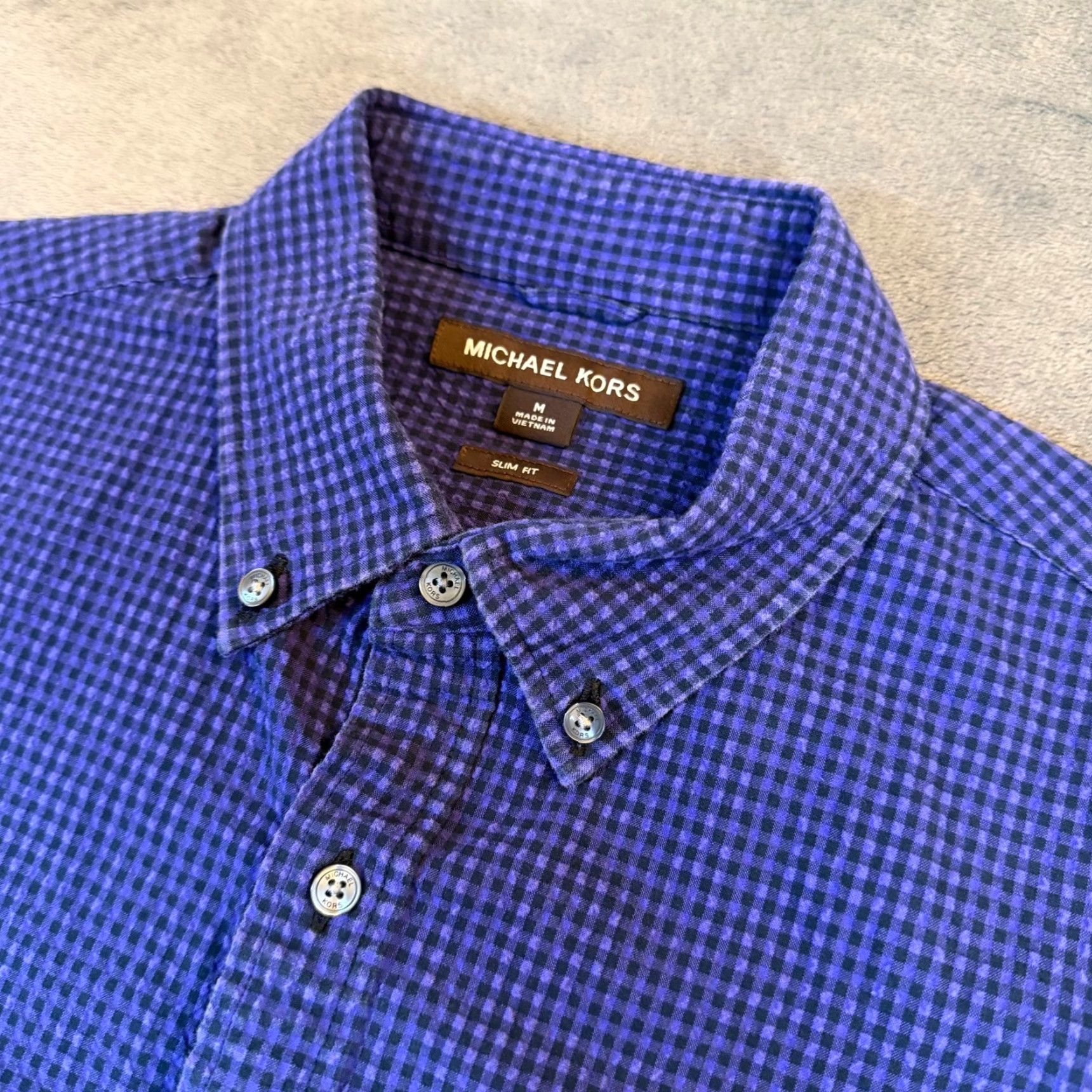 Michael Kors Michael Kors Slim Fit Mens Medium Short Sleeve Button-Up Shirt Purple Seersucker Check Pattern Size US M / EU 48-50 / 2 - 2 Thumbnail