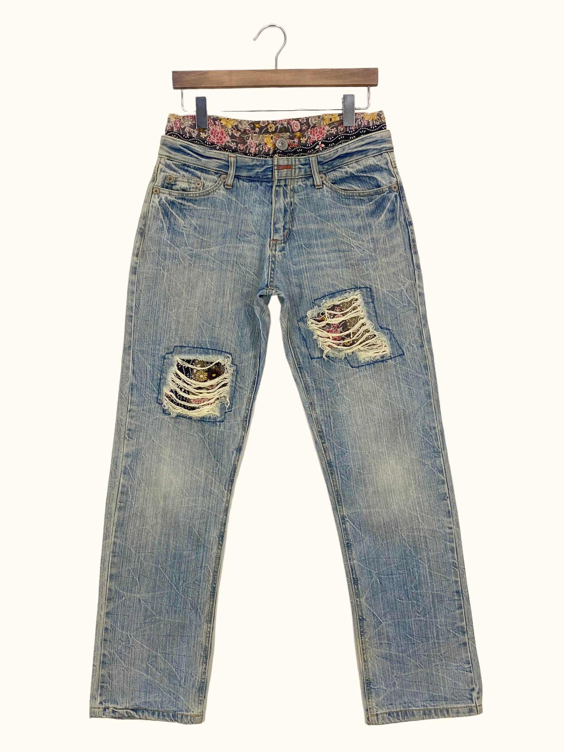 image of Distressed Denim Double Waist Jeans Japanese Jeans in Blue, Men's (Size 30)
