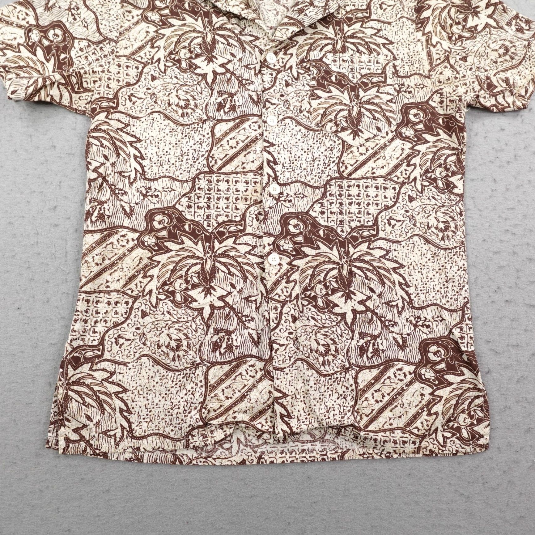 Jantzen VINTAGE Jantzen Shirt Mens M Brown Hawaiian Aloha Camp Dagger Collar 70s Button-Up Short Sleeve Floral Tropical Pockets 70s Mens Brown Shirt Size US M / EU 48-50 / 2 - 3 Thumbnail