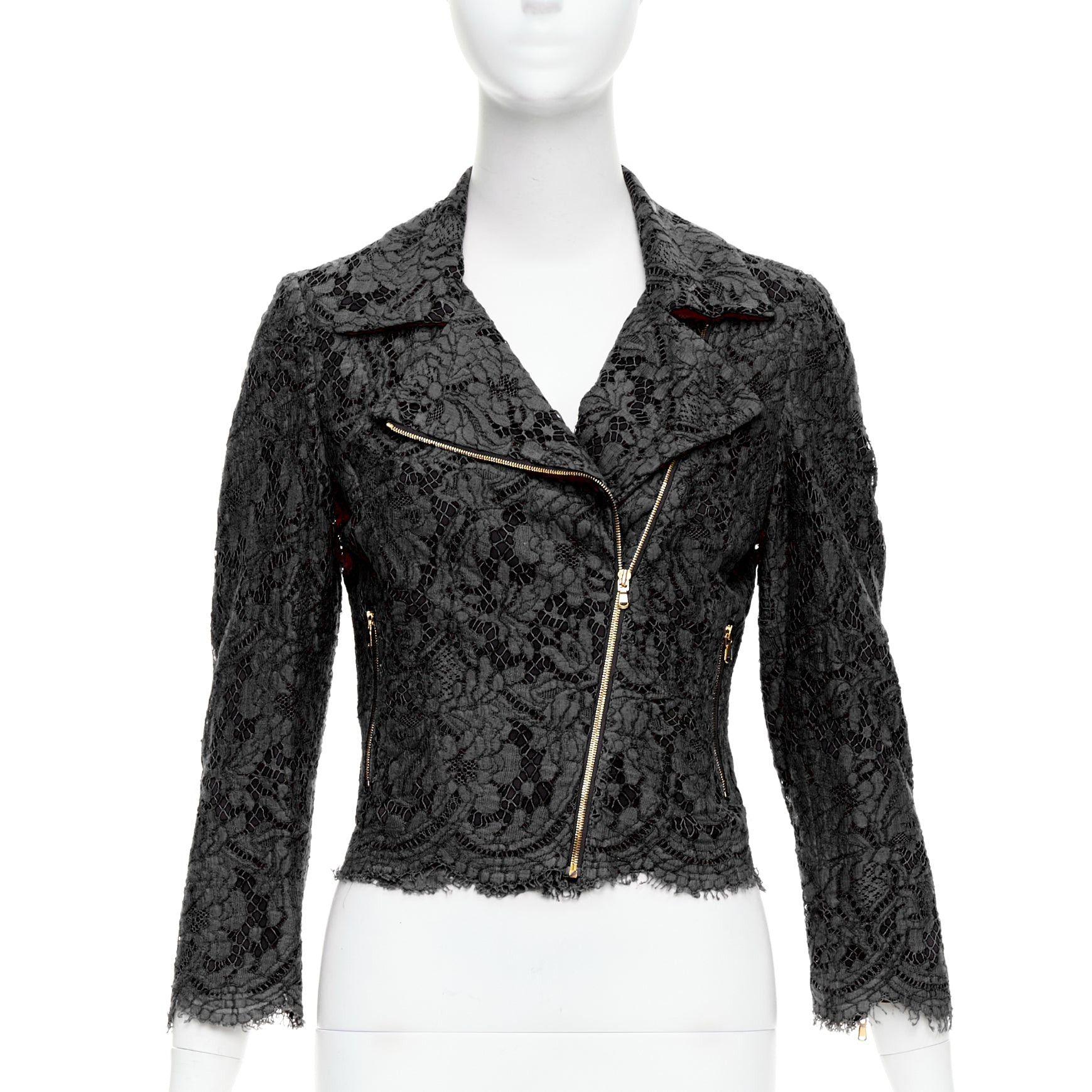 MSGM MSGM black cotton blend lace side zip cropped biker jacket IT40 S Size S / US 4 / IT 40 - 1 Thumbnail