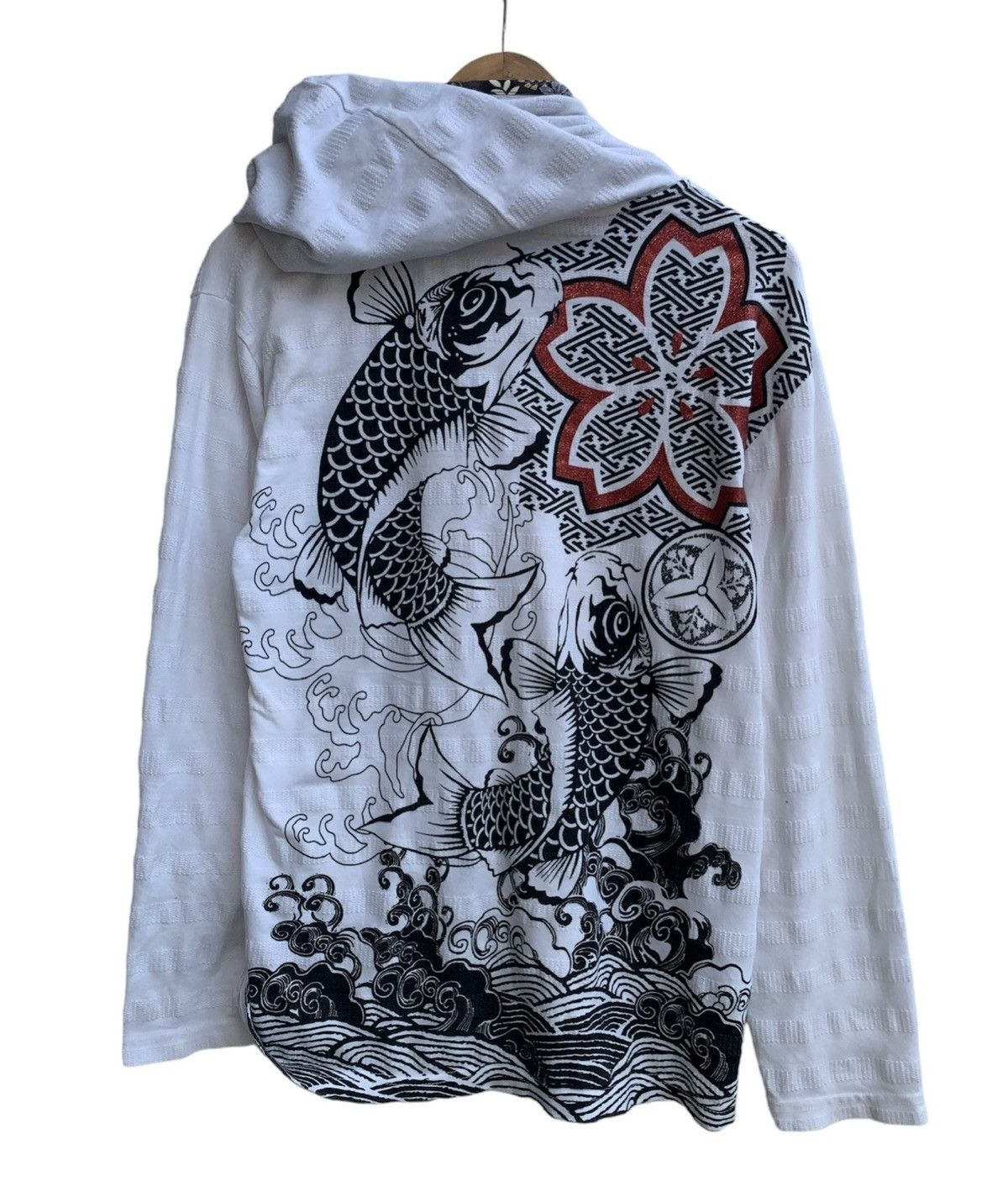 image of Sukajan Souvenir Jacket x Sukajan T Shirts Sukajan Fish Koi Zip Ups Hoodie in White, Men's (Size XL