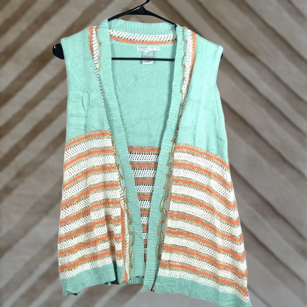 Vintage Alberto Makali Cardigan Sweater Open Front Striped Sleeveless Green Orange Small Women sizing S Casual Party/Cocktail Workwear Size S / US 4 / IT 40 - 1 Thumbnail