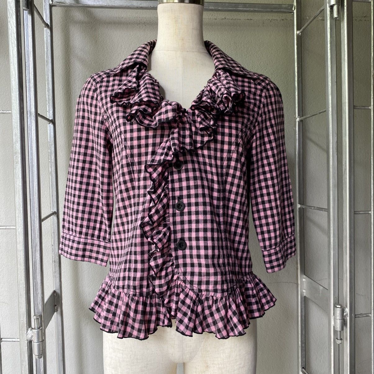 Japanese Brand ALGONGUINS Y2K Punk Pink Black Gingham Ruffle Blouse Size M / US 6-8 / IT 42-44 - 1 Thumbnail