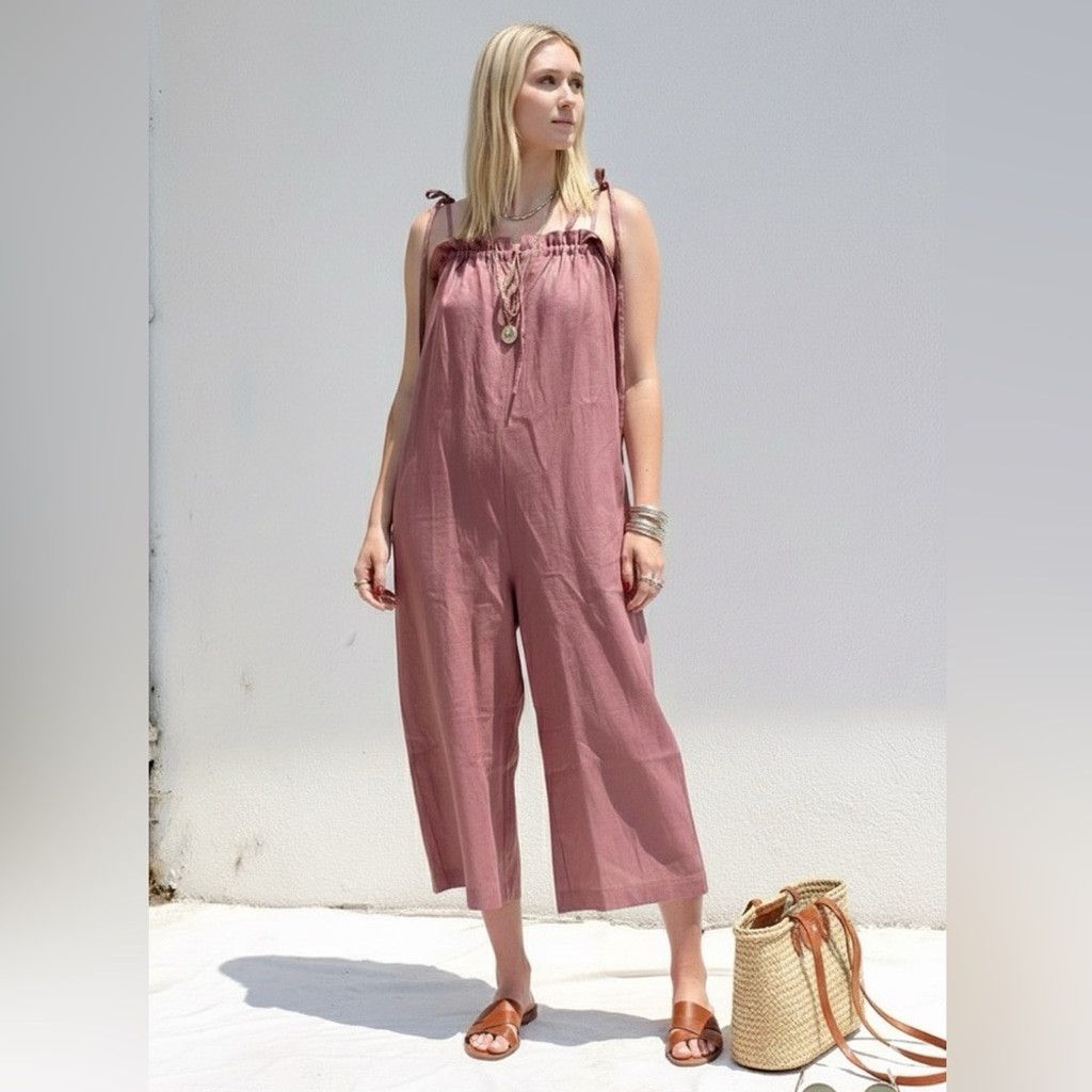 Other NEW A Bronze Age Ruby 100% Linen Pink Cropped Jumpsuit US S Size 28" / US 6 / IT 42 - 1 Thumbnail
