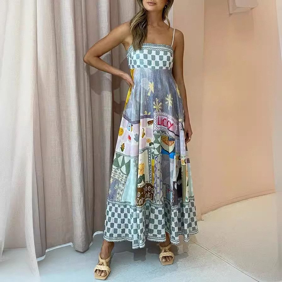 image of Vintage Summer Sexy Print Big Swing Slip Dress in Grey, Women's (Size Medium)