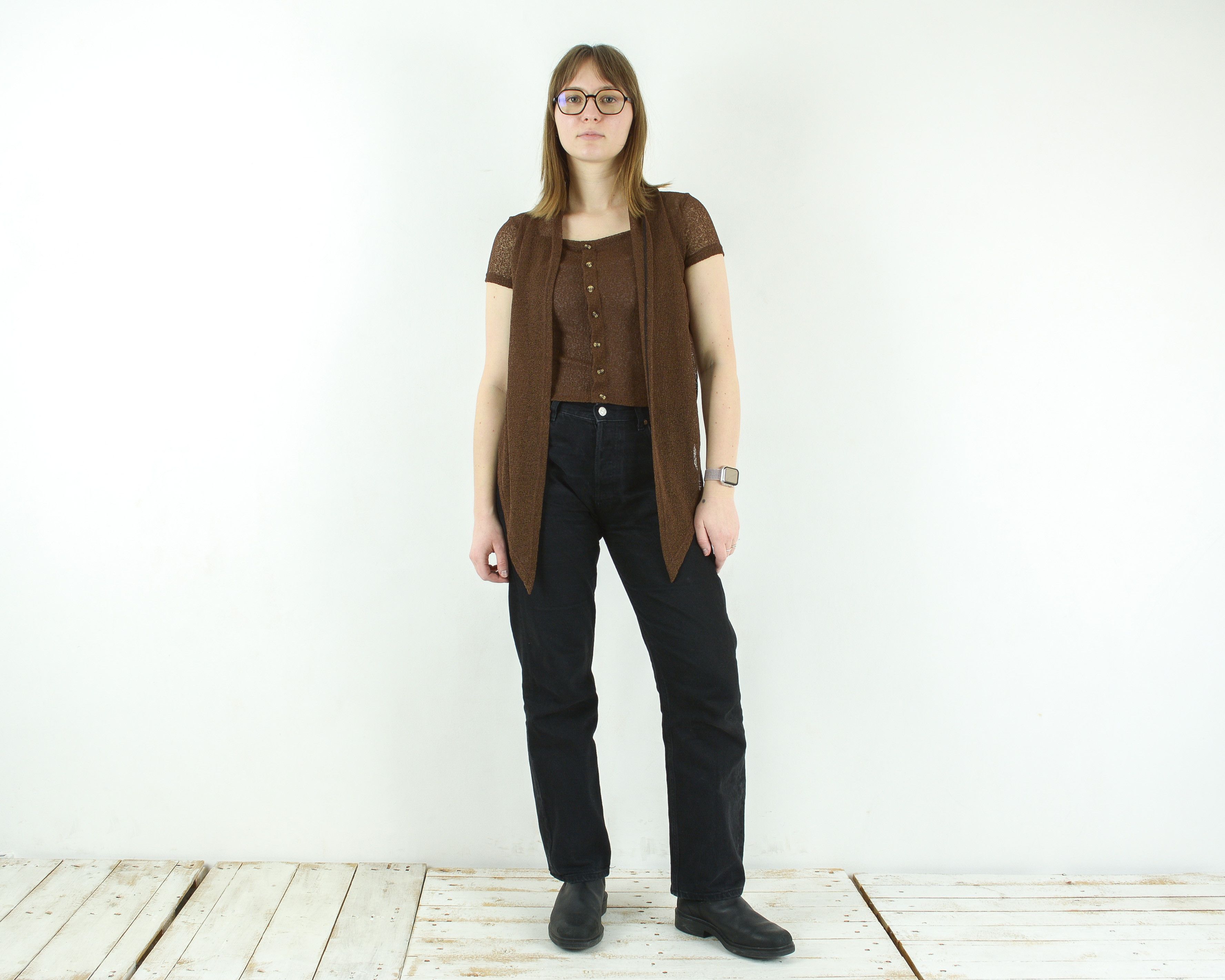 Other × Vintage See Through Blouse Shirt Button Up Top Brown Short Sleeve Size S / US 4 / IT 40 - 2 Thumbnail