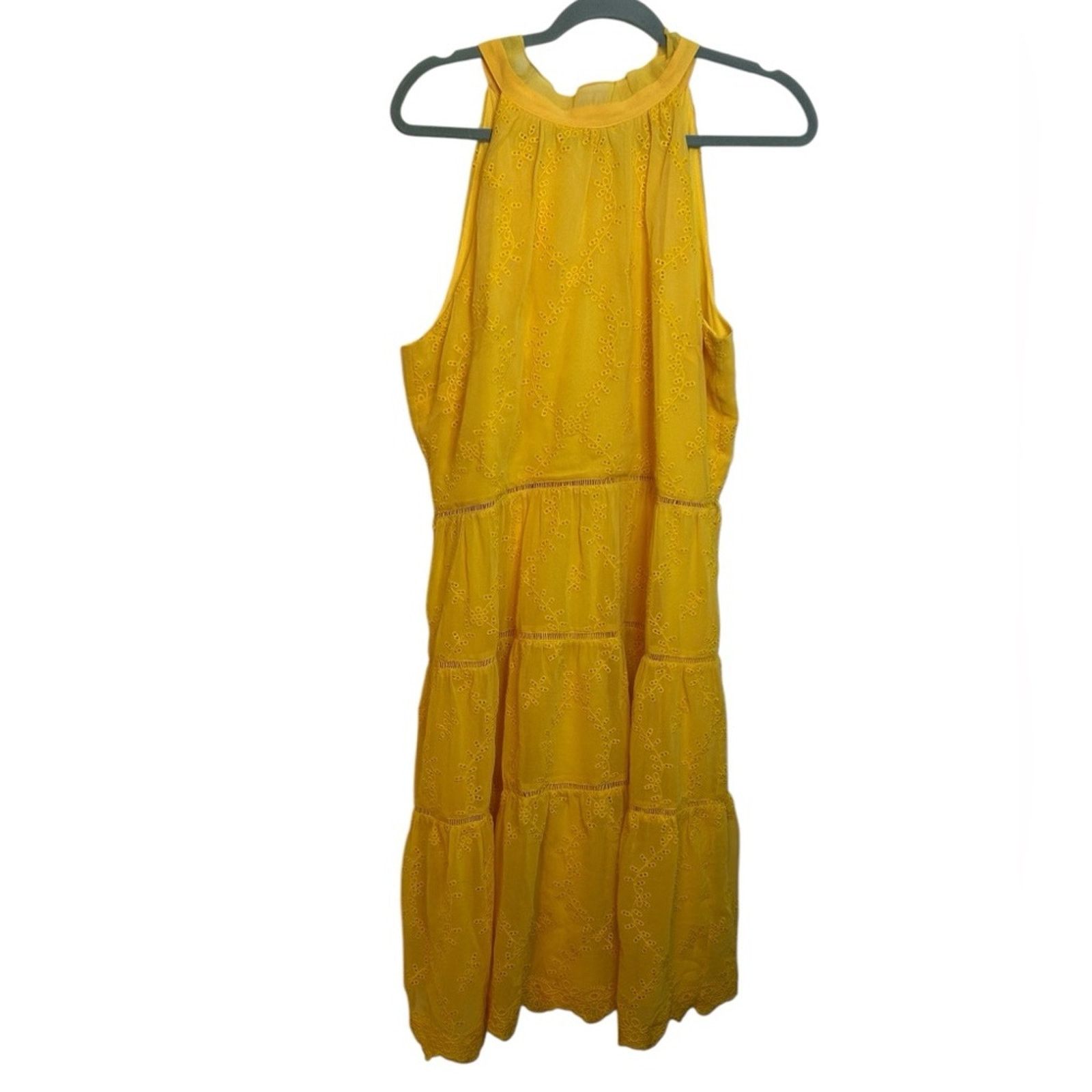 Warehouse Warehouse Yellow Eyelet Halter Midi Dress Size L / US 10 / IT 46 - 1 Thumbnail