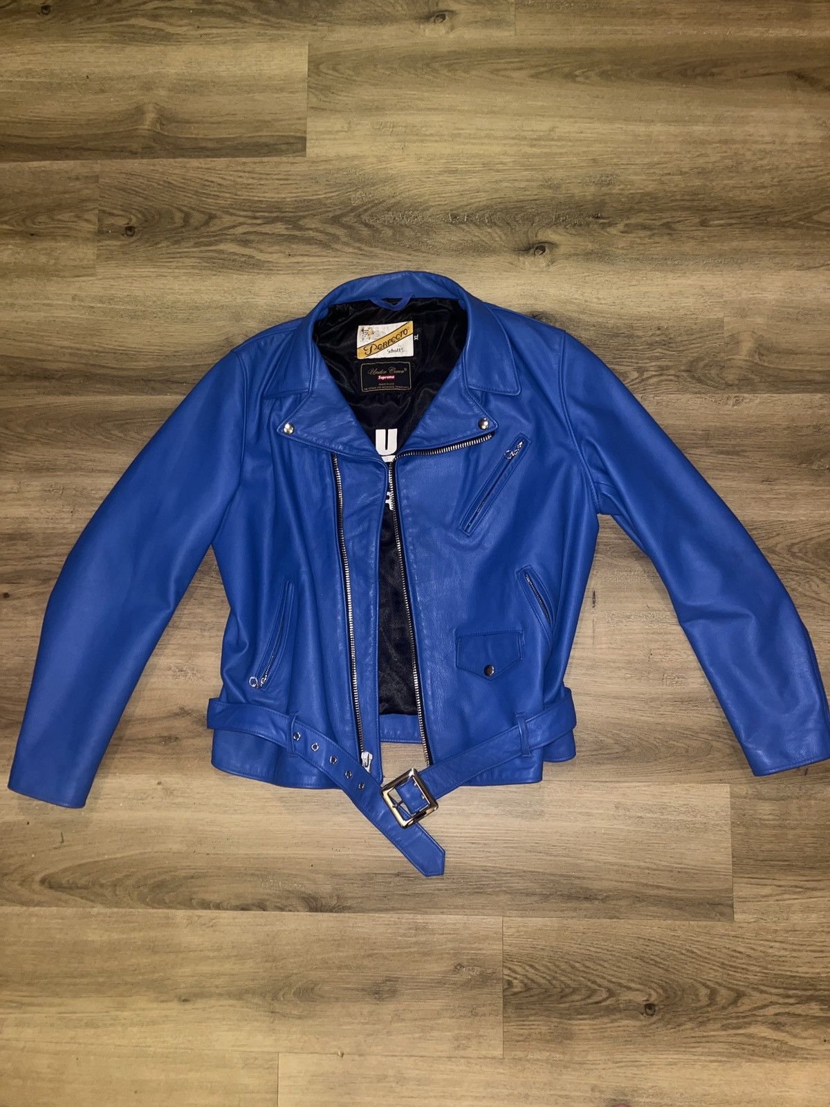 image of Schott x Supreme “Anarchy Is The Key” Leather Jacket in Bleu, Men's (Size XL)