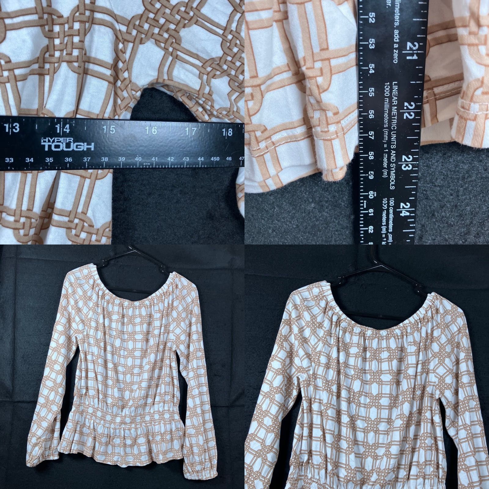 Ann Taylor Ann Taylor LOFT Blouse White Tan Rattan Print Smocked Peplum Long Sleeve M Womens Shirt Men/Womens? Size M / US 6-8 / IT 42-44 - 8 Thumbnail