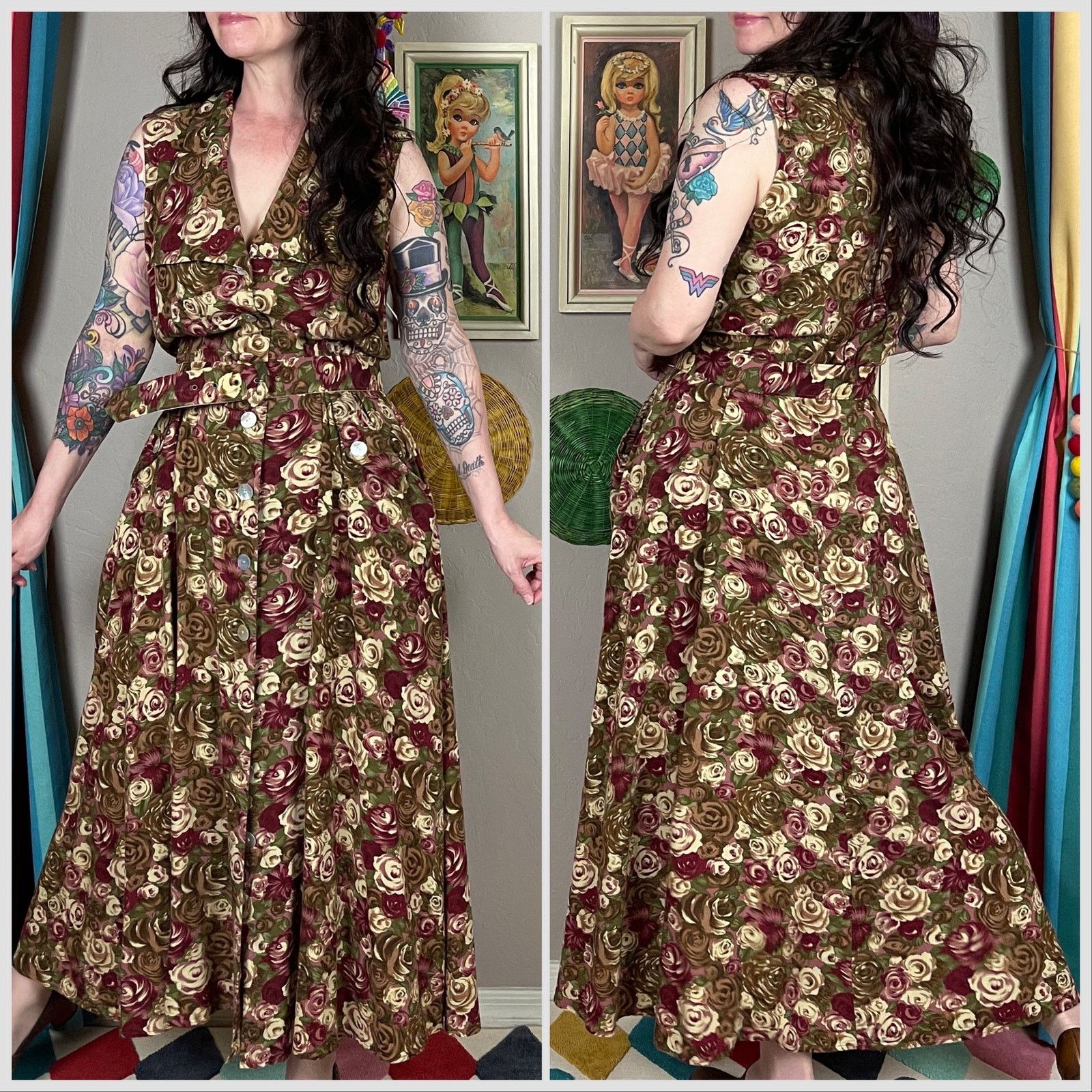Vintage Vintage 80s Brown Floral Sleeveless Button Front Midi Dress Size M / US 6-8 / IT 42-44 - 3 Thumbnail