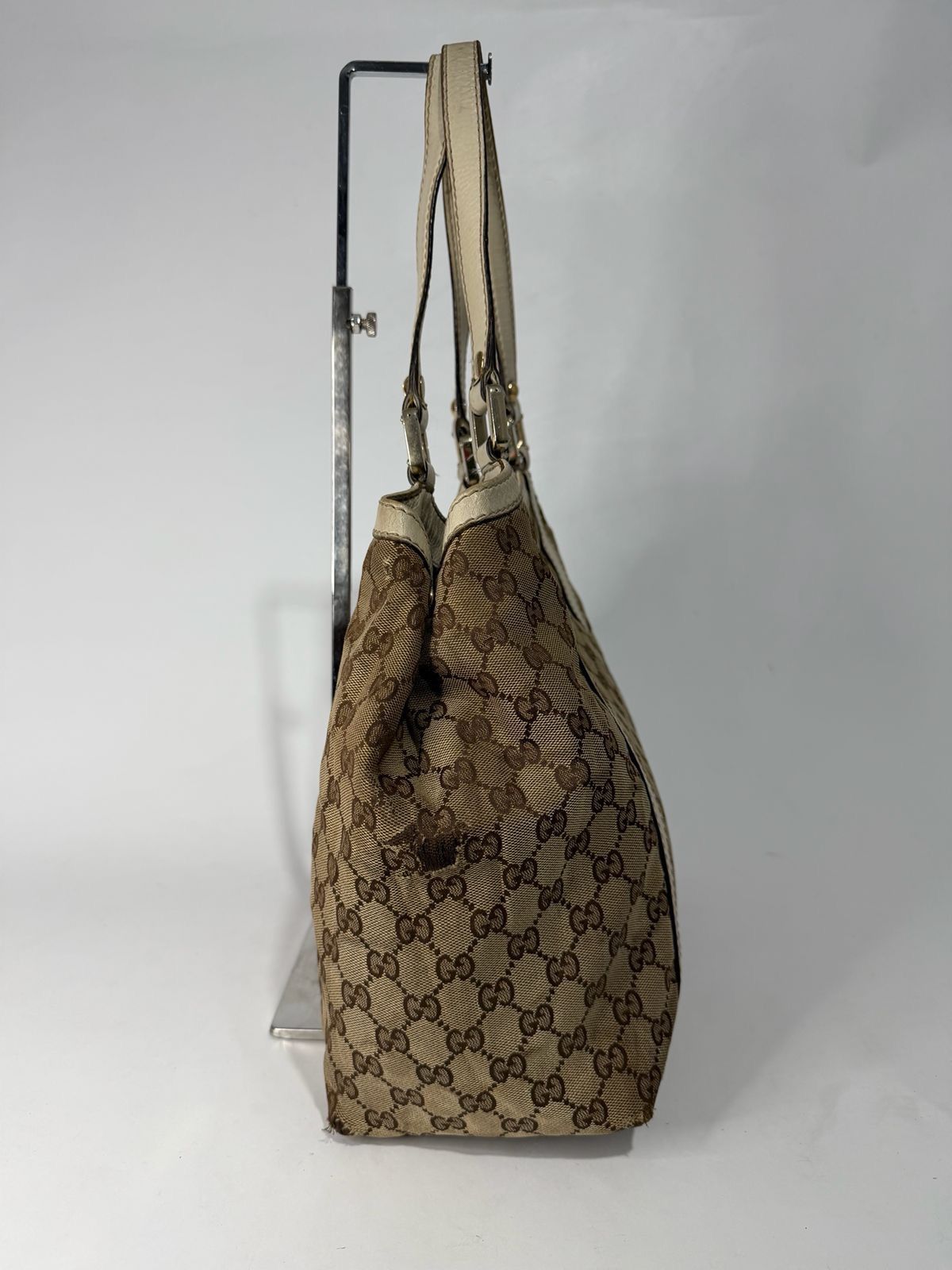 Gucci Gucci BeigeWhite GG Canvas Leather Medium Ladies Web Tote Size ONE SIZE - 3 Thumbnail