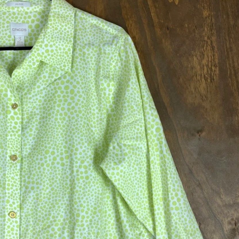 Vintage Chicos Womens Blouse White Green Dots Collared Non Iron Button Down 3 XL Shirt Womens Casual Workwear Polka Dot 3 (XL) Size XL / US 12-14 / IT 48-50 - 5 Thumbnail