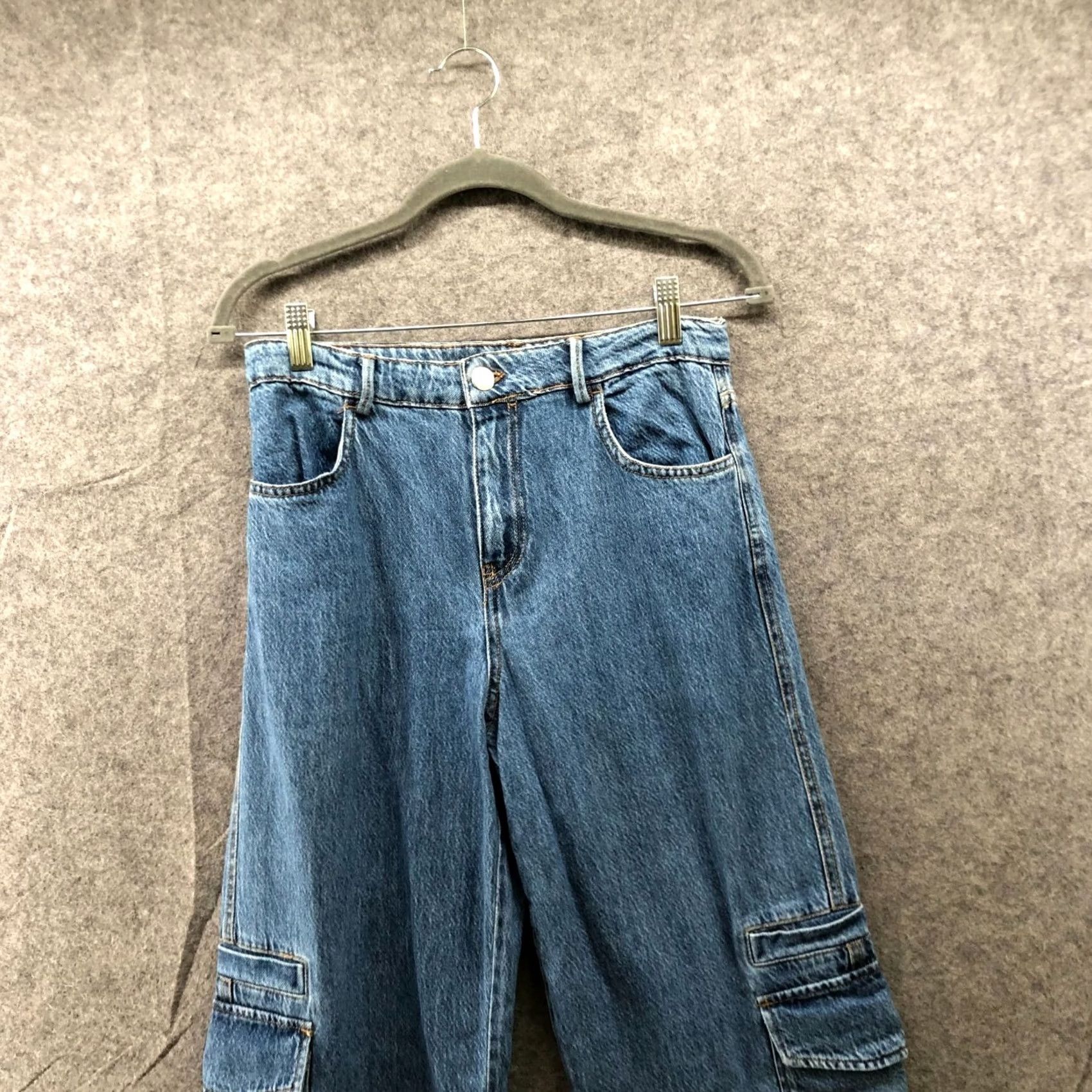 Zara Zara Baggy Cargo Jeans Womens 2 High Rise Wide-Leg Cotton Denim Blue Size 26" / US 2 / IT 38 - 3 Thumbnail