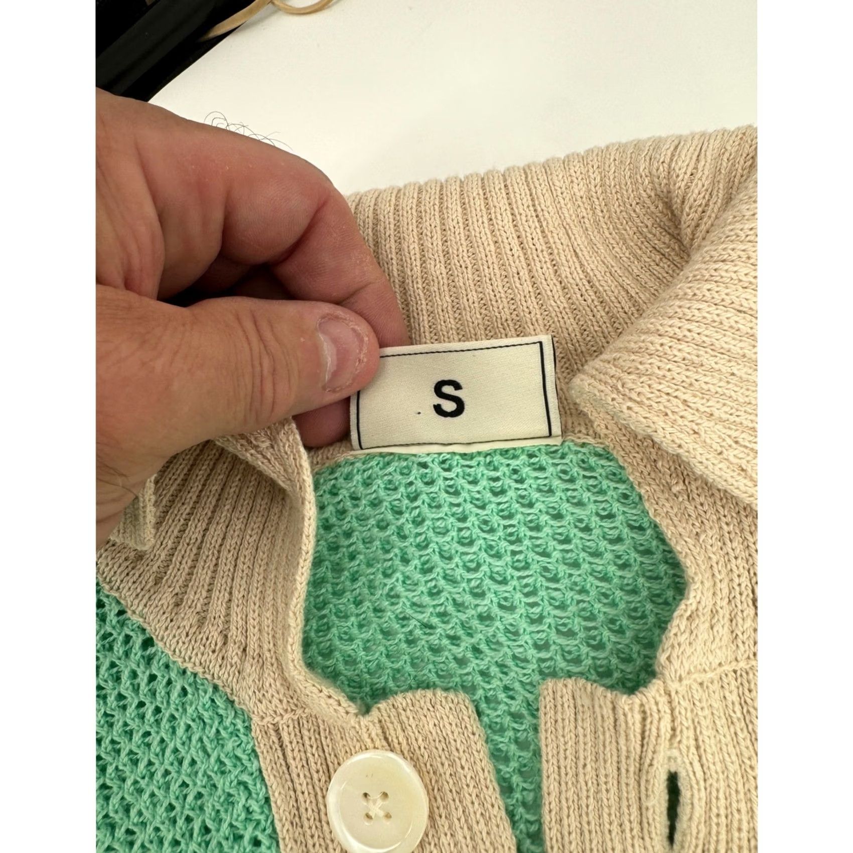 Drole De Monsieur Polo Shirt Men S Mint Beige Striped Knit Mesh Short Sleeve Resort, Men's — image 3 of 6