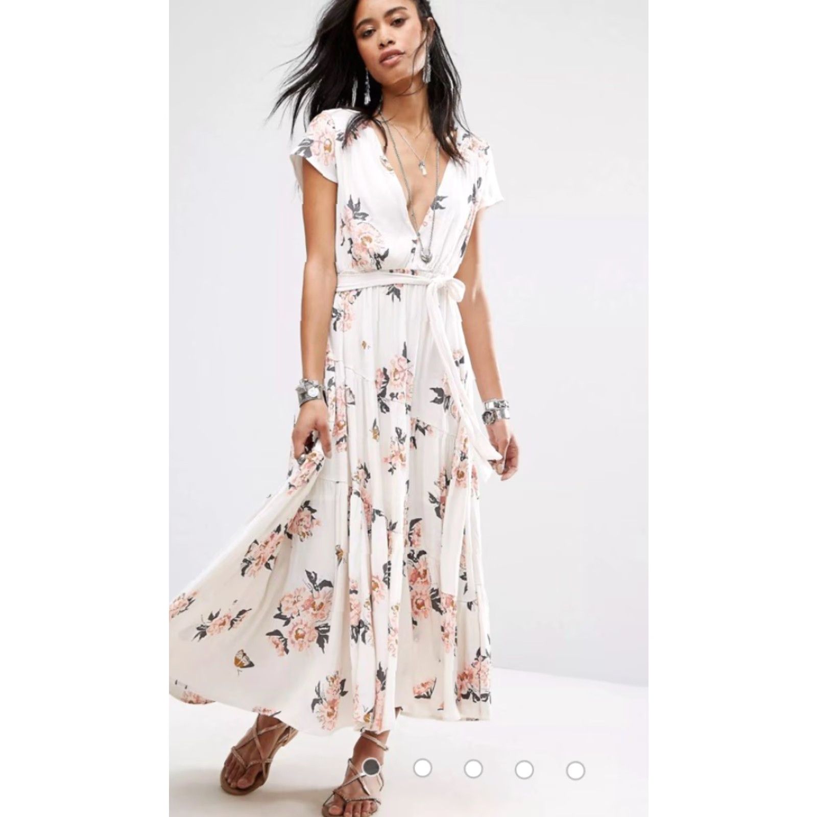 Free People Free People Maxi Dress All I Got Printed Dress Ivory Combo Floral Chiffon V-Neck Button Short Cap Sleeve Long Women's Regular Size 0 Stuffed? Size XS / US 0-2 / IT 36-38 - 4 Thumbnail