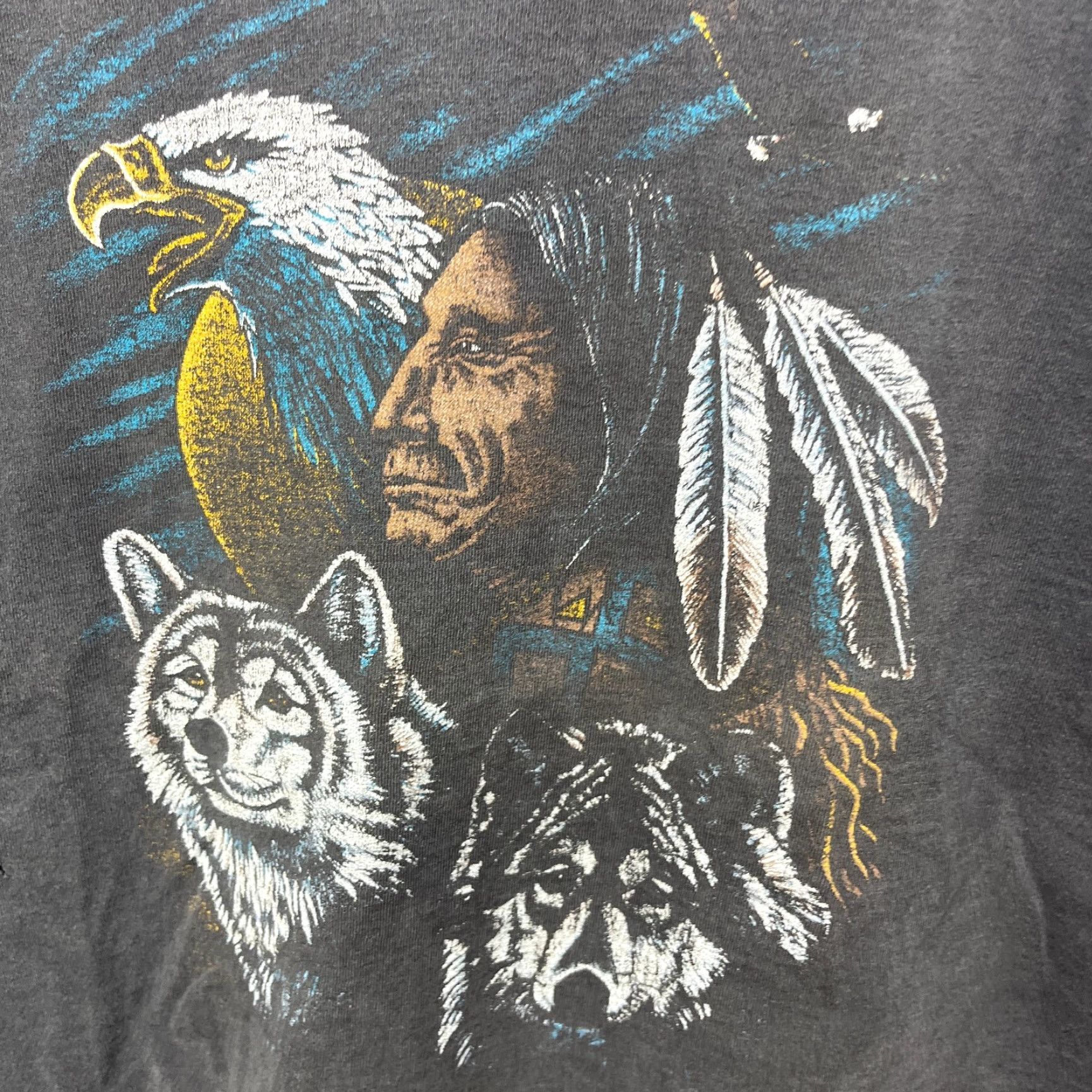 Native VINTAGE Sun Faded Native Biker Wolf Eagle Nature T Shirt 2XL Black Mens T-Shirt 90s- Style Converse Size US XXL / EU 58 / 5 - 3 Thumbnail