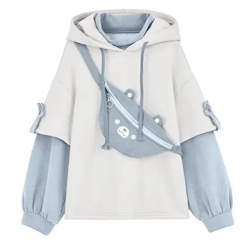 image of Vintage Kawaii Cute Oversize Hoodie With Bear Bag in Blue, Women's (Size XL)