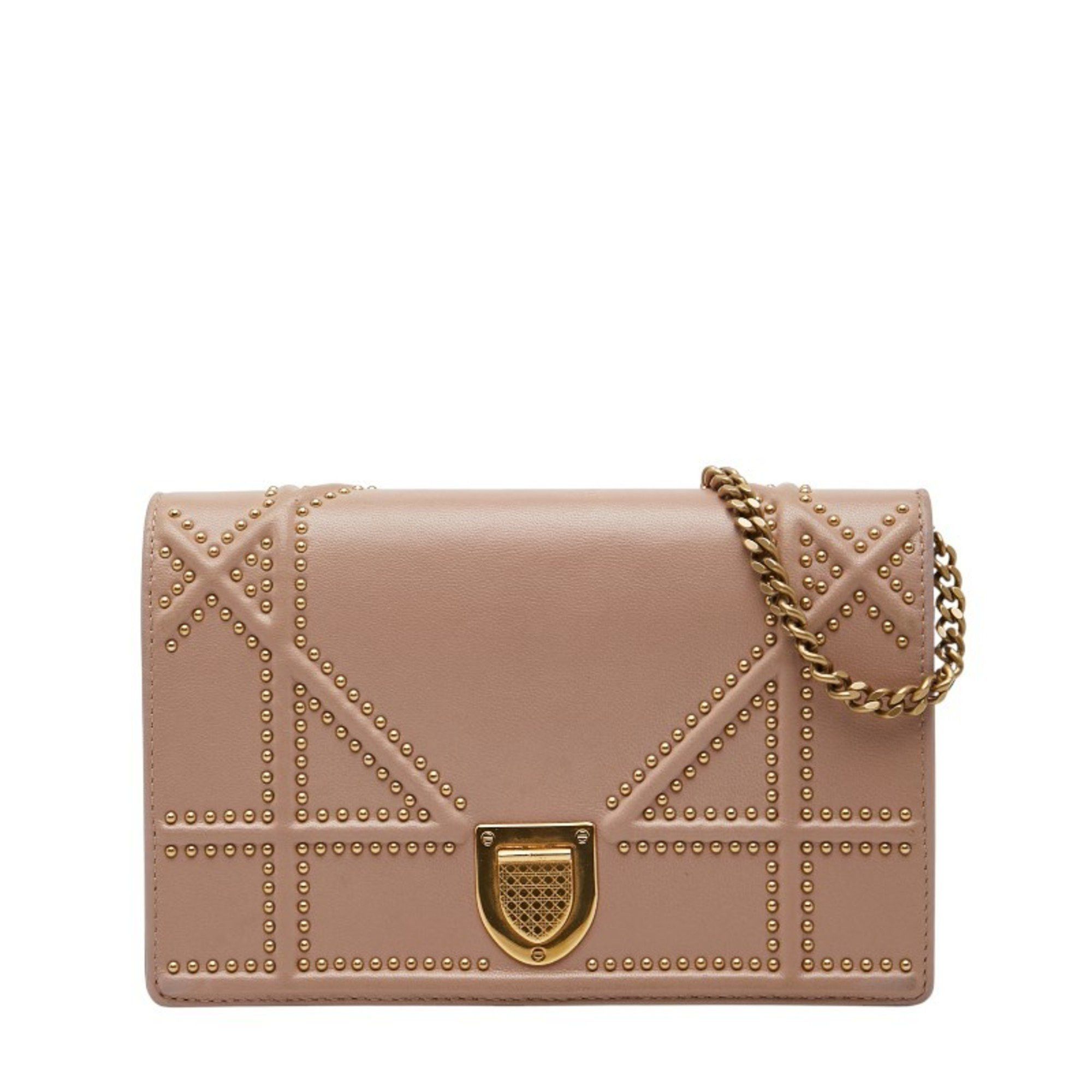 Christian Dior Dior Studded Diorama Crossbody Chain Wallet Shoulder Bag in Pink Beige Leather for Women