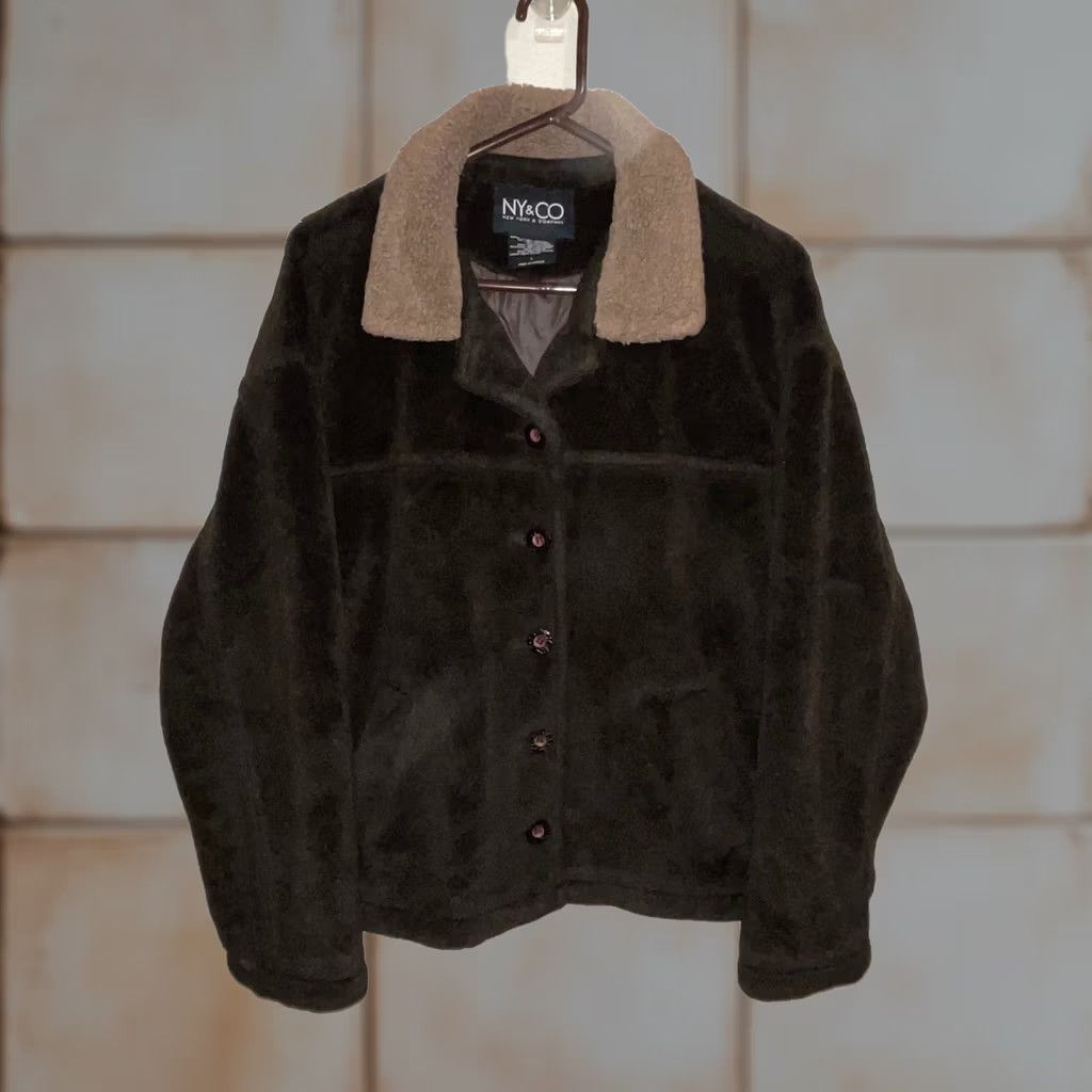 Vintage VINTAGE NY&CO Brown Faux Fur Sherpa Collar Button Up Jacket Cozy Warm L Size L / US 10 / IT 46 - 1 Thumbnail