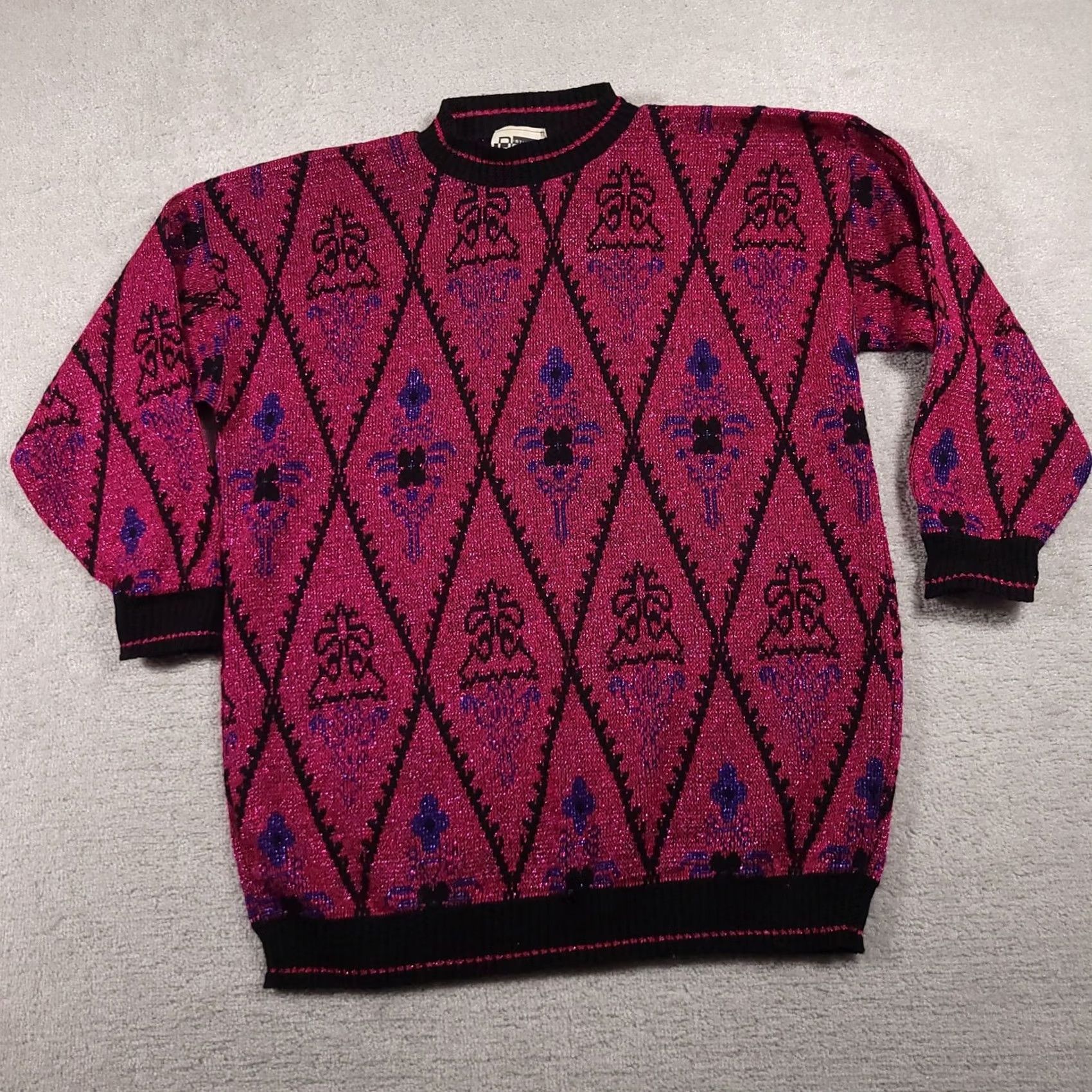 Vintage VINTAGE Distinctly Different Sweater Womens 22W Pink 80s Acrylic Pullover Geometric Glitter Crew Neck Size 3XL / US 20-22 - 3 Thumbnail
