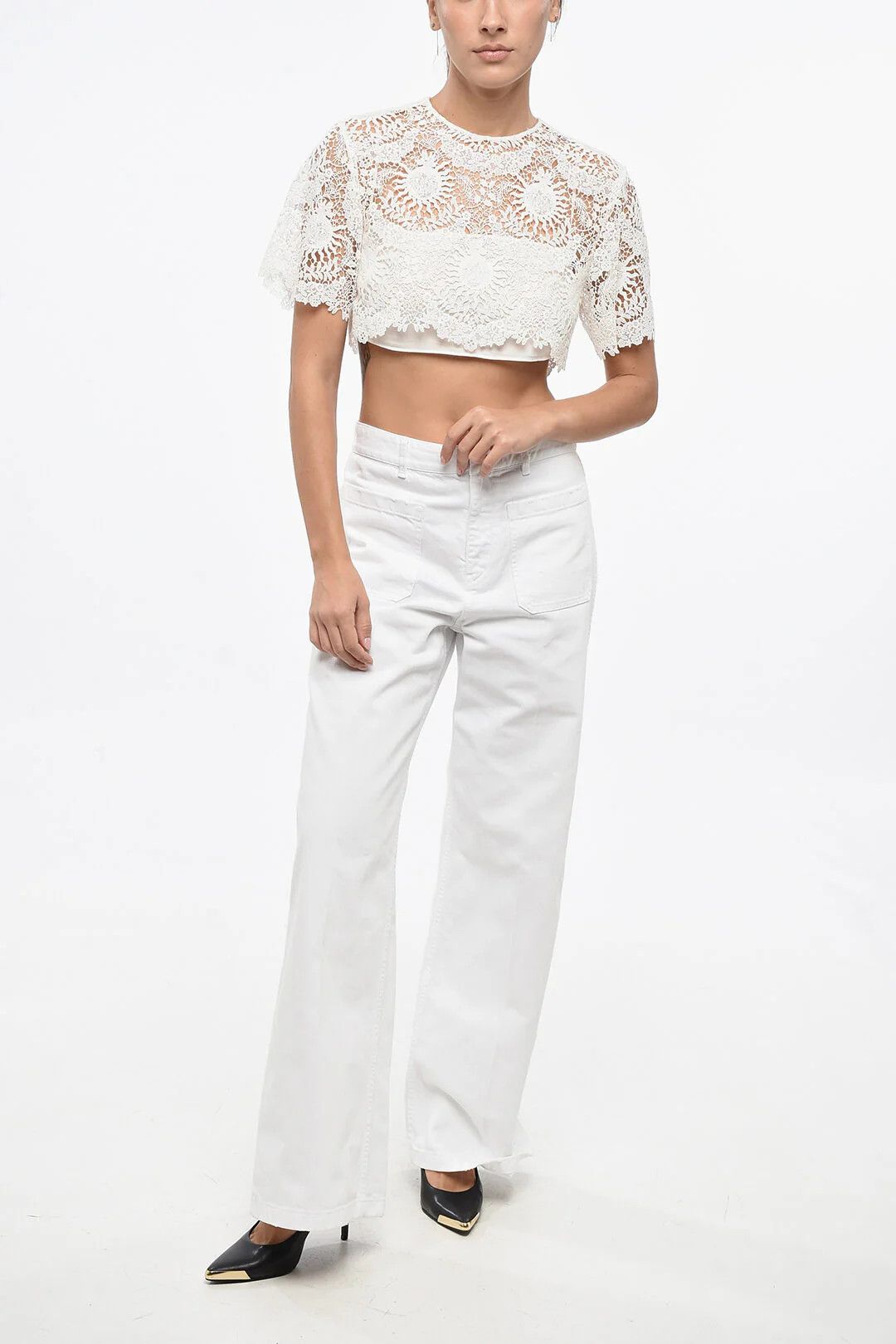 Dior o1mm0326 Cotton-Blend Short-Sleeve Macramé Crop Top in White Size S / US 4 / IT 40 - 4 Thumbnail