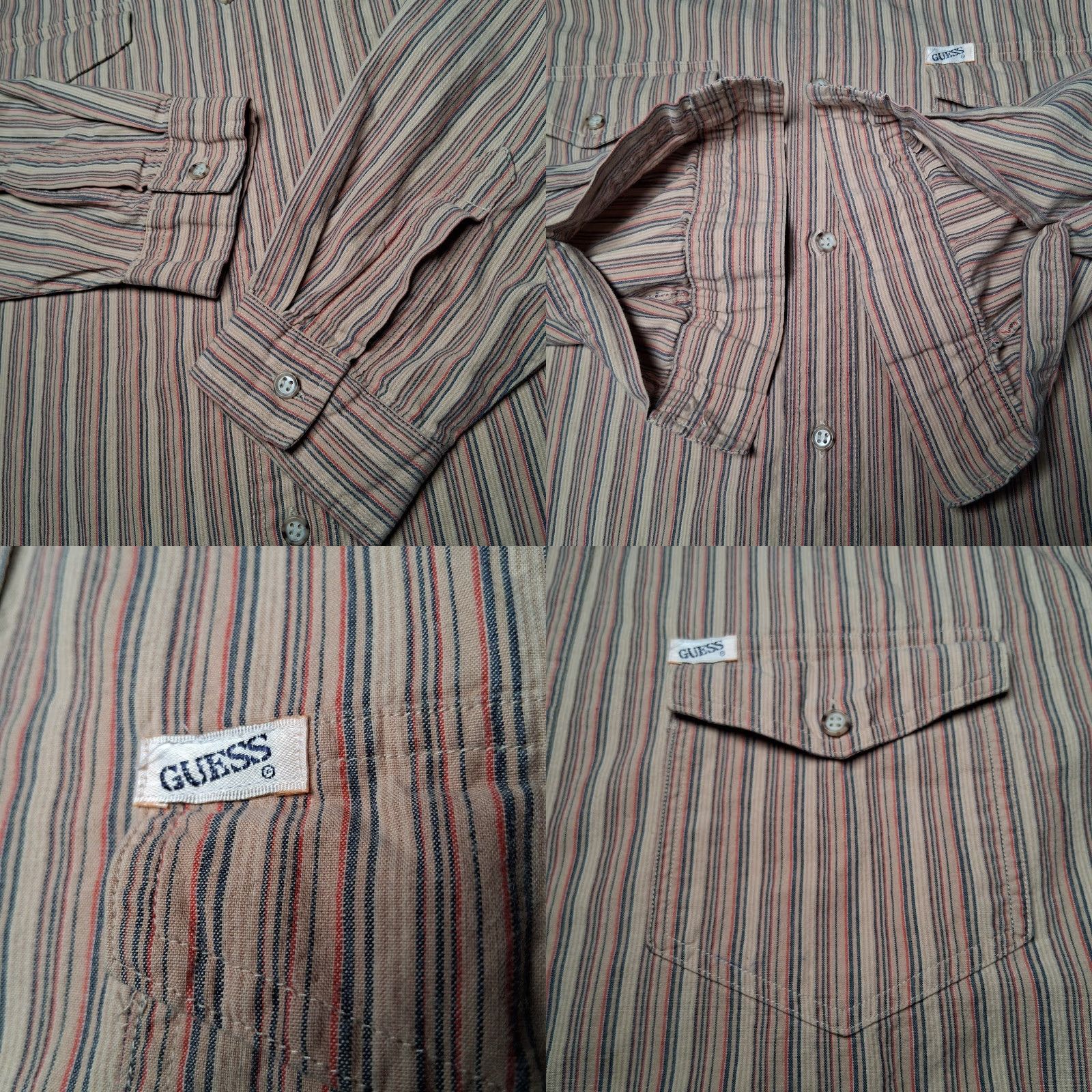 Guess VINTAGE Guess Jeans Shirt Men L Beige Striped Button Up SAMPLE 90s 1990s Cotton Carded? Size US L / EU 52-54 / 3 - 10 Thumbnail