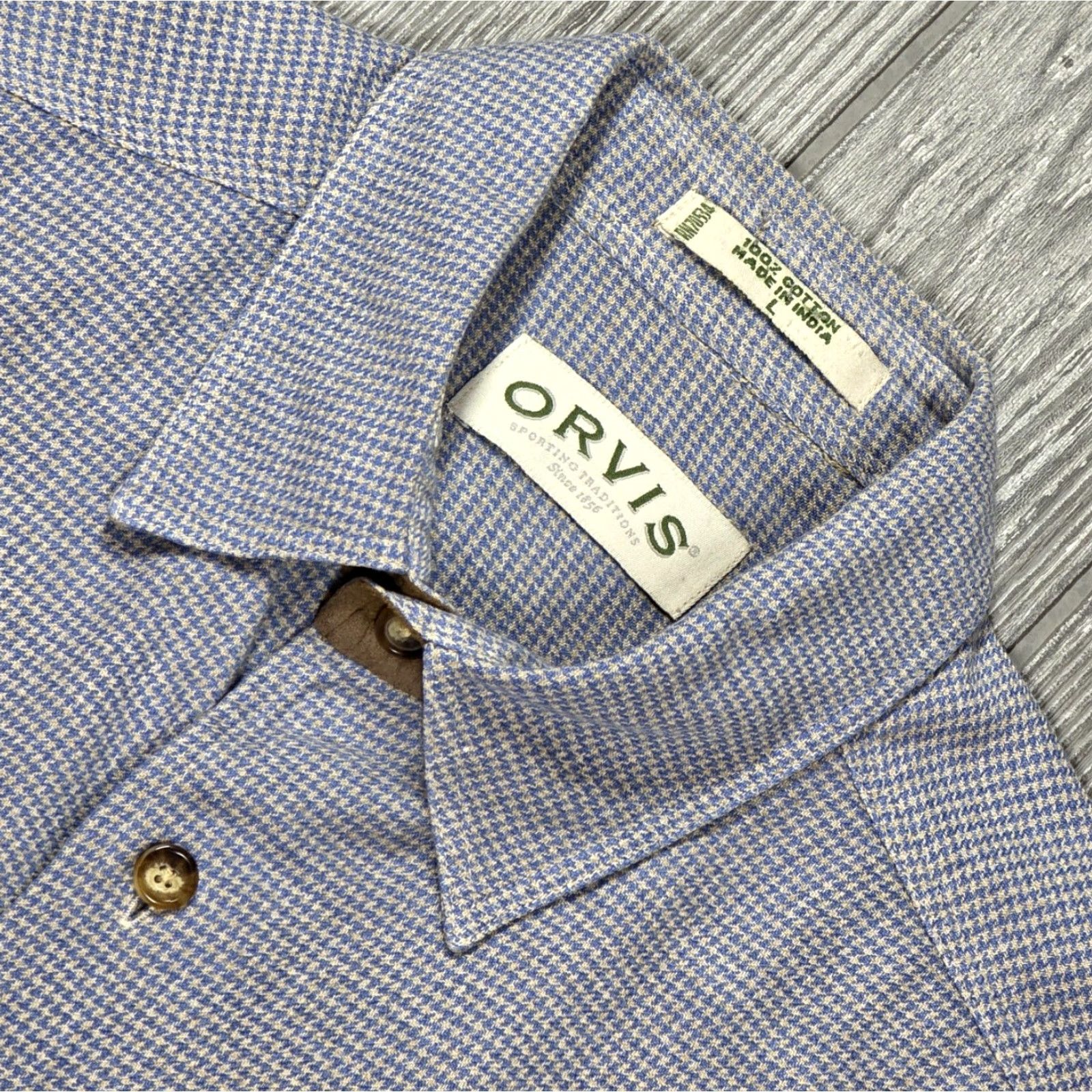 Orvis VINTAGE Orvis Button-Up Shirt Mens L Blue Beige Houndstooth Flannel Long Sleeve Plaid Button-Front Casual Workwear Size US L / EU 52-54 / 3 - 5 Thumbnail