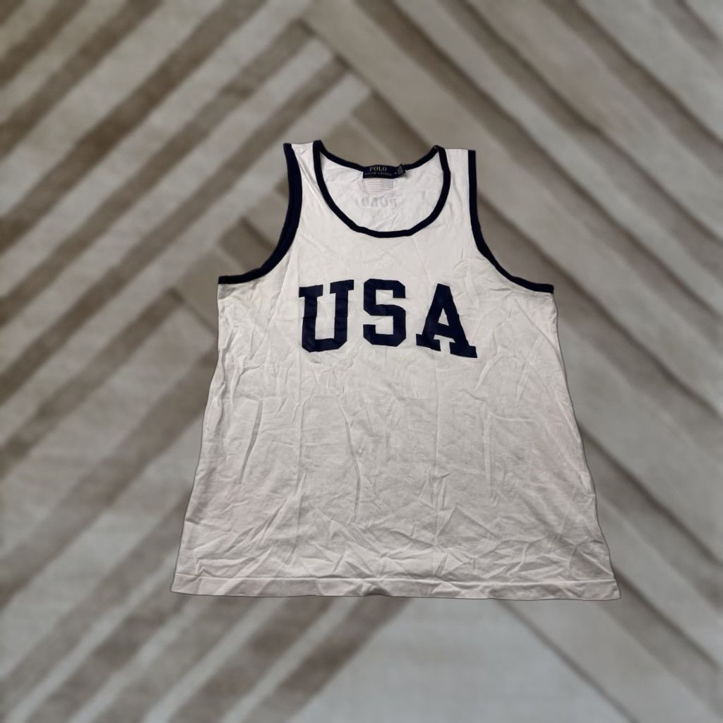 Polo Ralph Lauren VINTAGE Polo Ralph Lauren Team USA Flag Tank Top 1992 Stadium Pwing Bear Mens Medium Tank Top Sleeveless White Cotton USA 1992 Mens Size US M / EU 48-50 / 2 - 1 Thumbnail