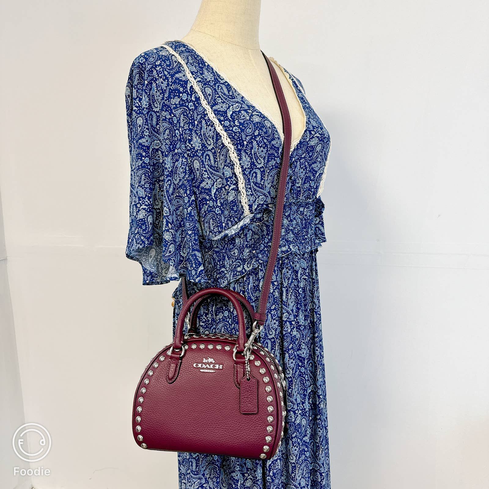 image of Coach Cm071 Sydney Satchel With Rivets In Deep Berry in Purple, Women's