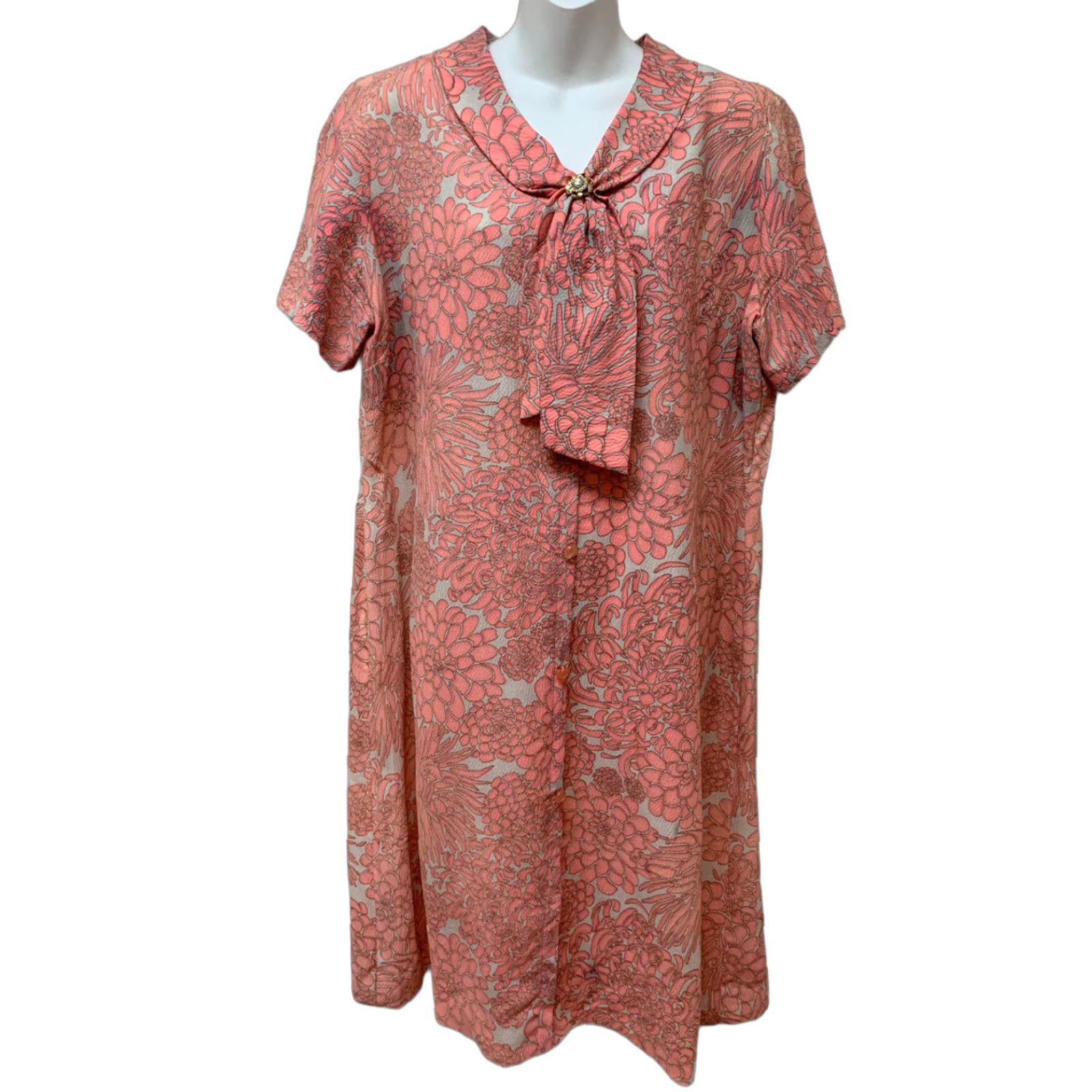 Vintage VINTAGE Day Dress Retro Fabric Pussy Bow Collar With Broach DAMON Fit Flare Women L/XL Orange Day Dress Womens Girls? Size L / US 10 / IT 46 - 1 Thumbnail