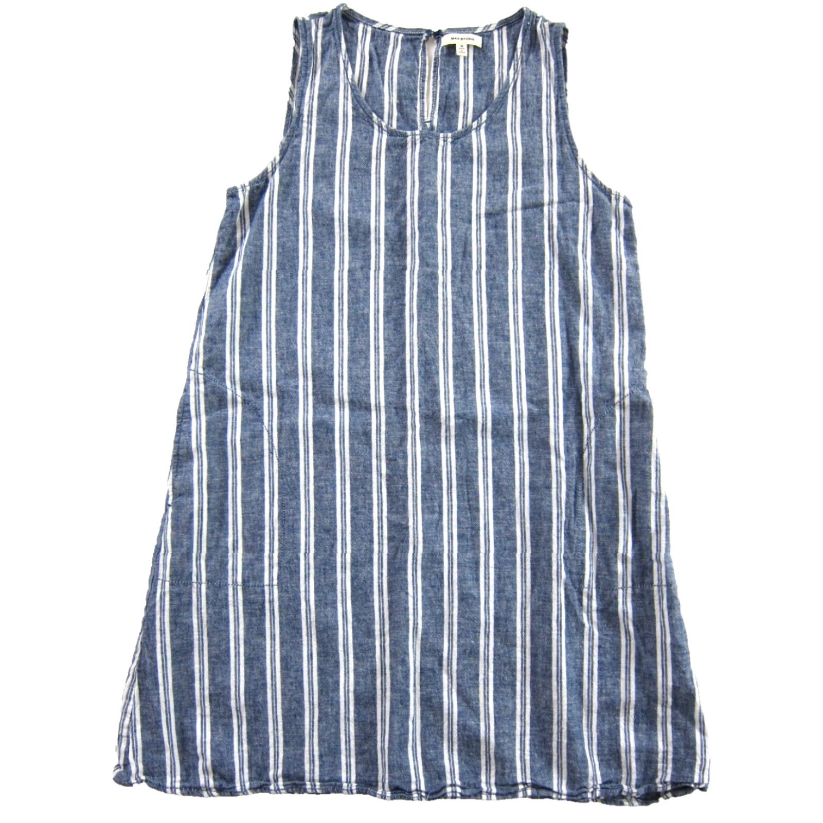 Vintage Max Studio Shirt Tank Dress M Blue Linen Cotton Stripe Pocket Tunic/Shift/Kaftan Style 80s 90s Boho Floral Pattern Women Size M / US 6-8 / IT 42-44 - 2 Thumbnail