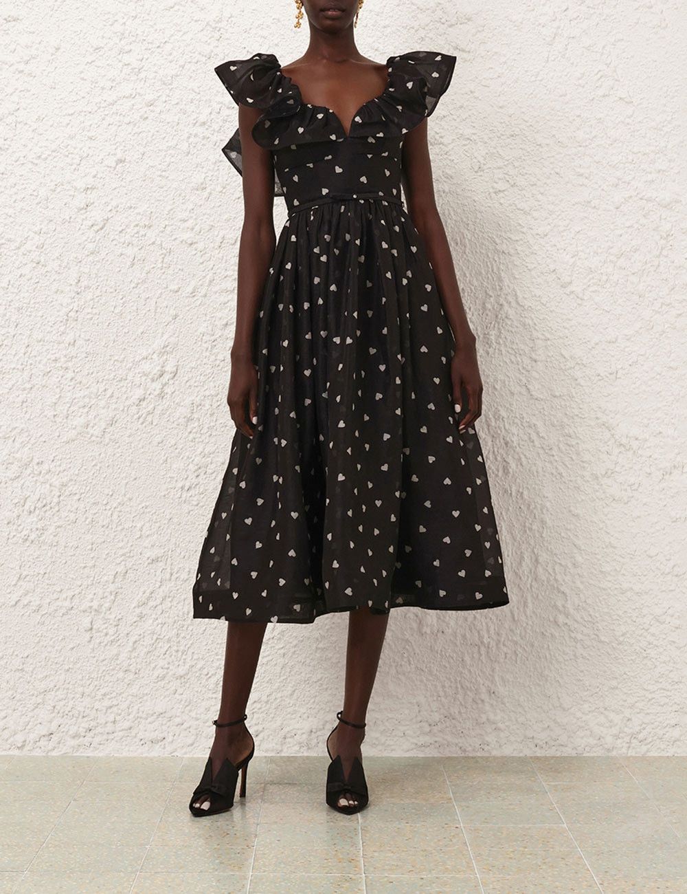 oc11z1025 Crush Frilled Midi Dress in Black