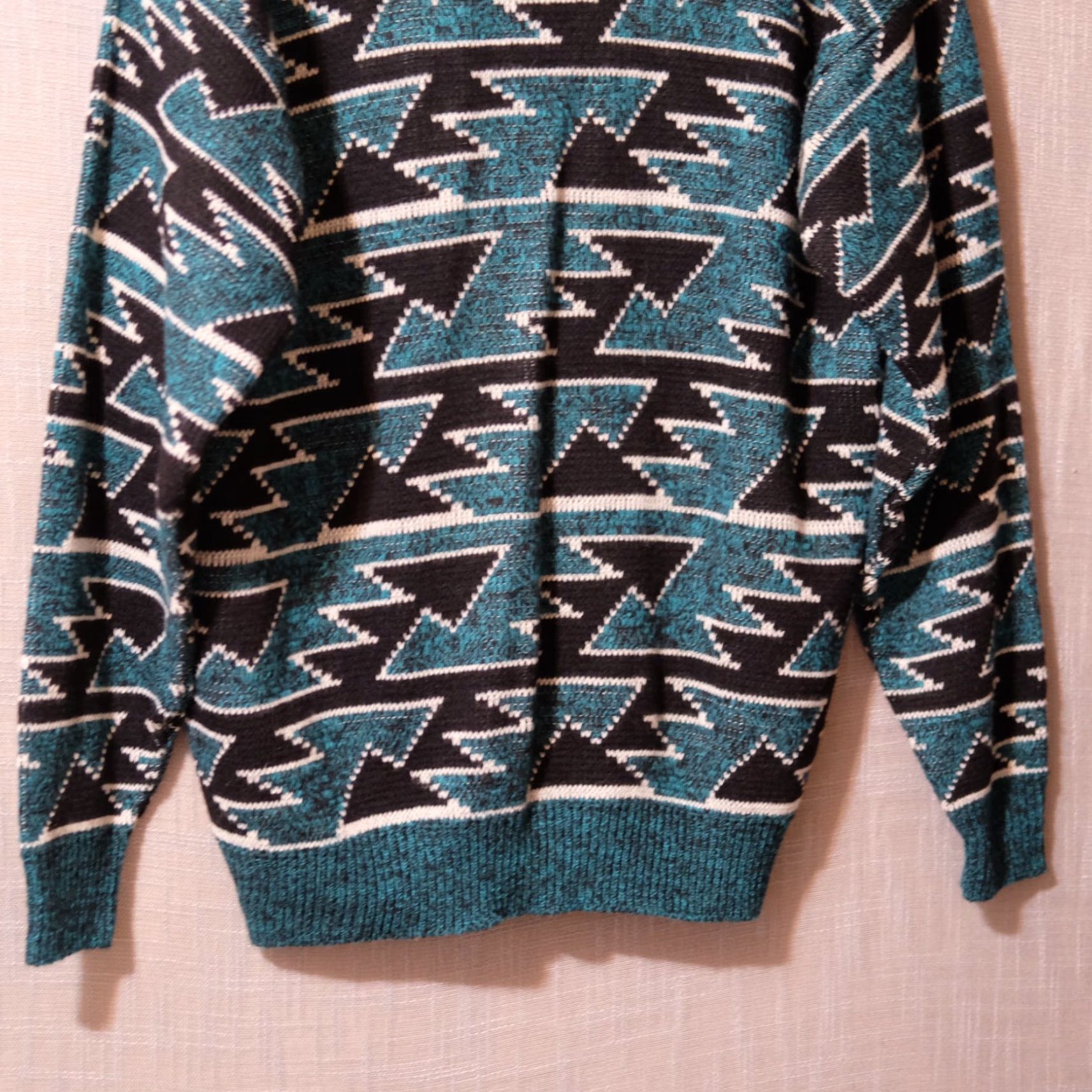 Vintage VINTAGE Le Tigre Cardigan Sweater Men's L Green/Black/White Geometric Knit Long Sleeve V-Neck 1980s/70s Oversized Retro Hipster USA Mens Size US L / EU 52-54 / 3 - 7 Thumbnail