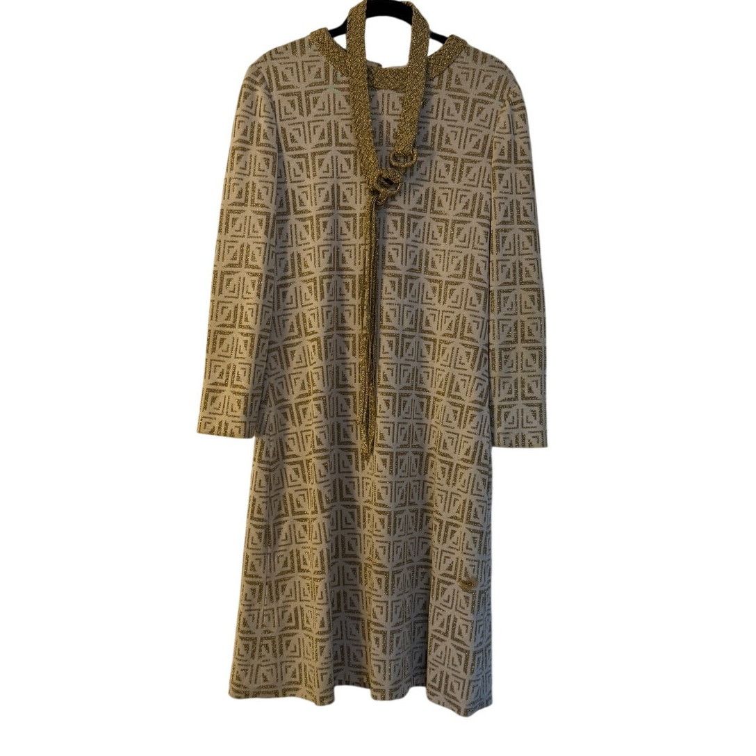 Pierre Balmain 1970's Pierre Balmain Geometric Cream-Gold Lurex Midi Dress Size S / US 4 / IT 40 - 1 Thumbnail