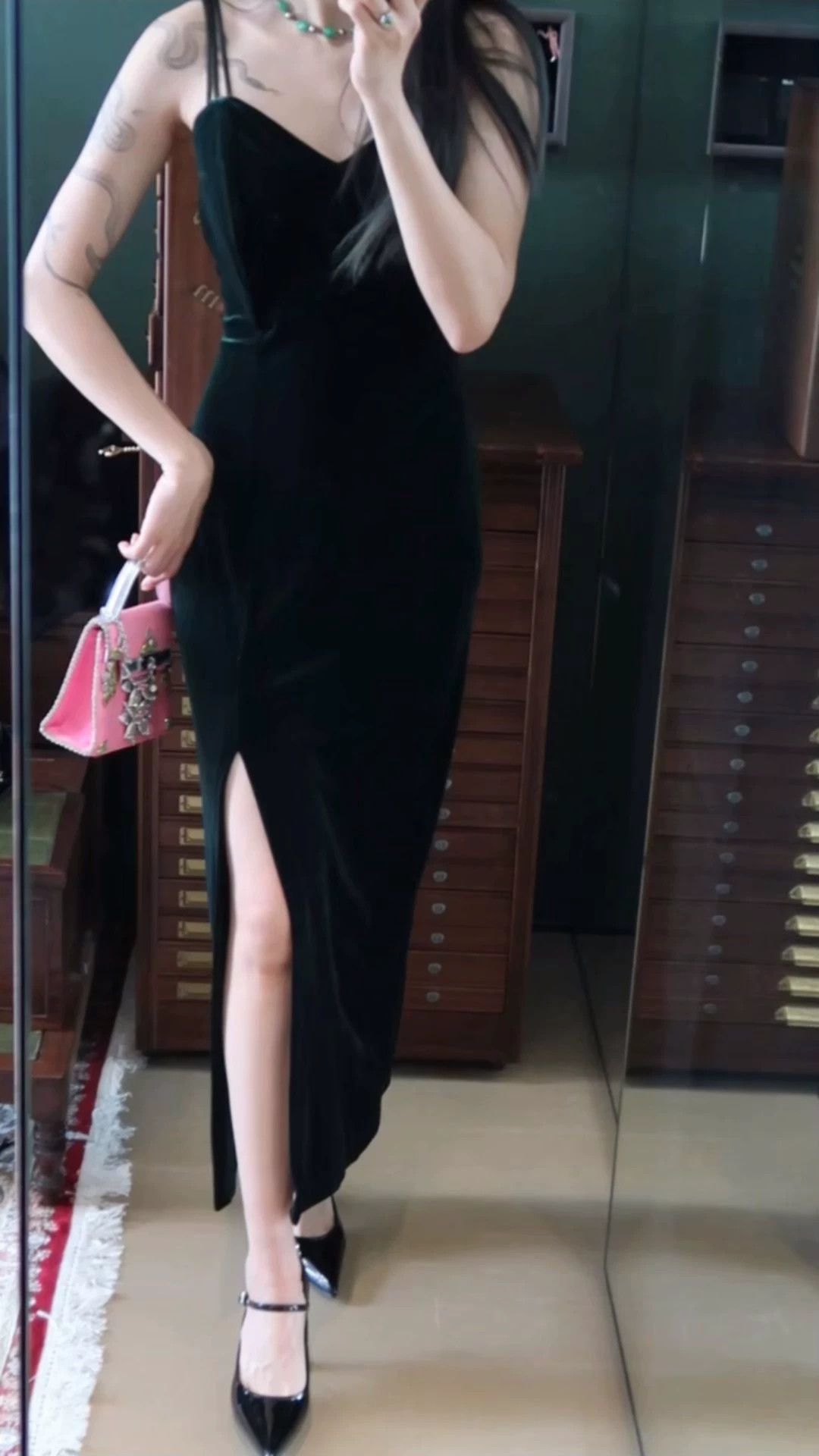 Other Vintage US Dark Green Velvet Cami High Slit Dress S/M Size S / US 4 / IT 40 - 1 Thumbnail