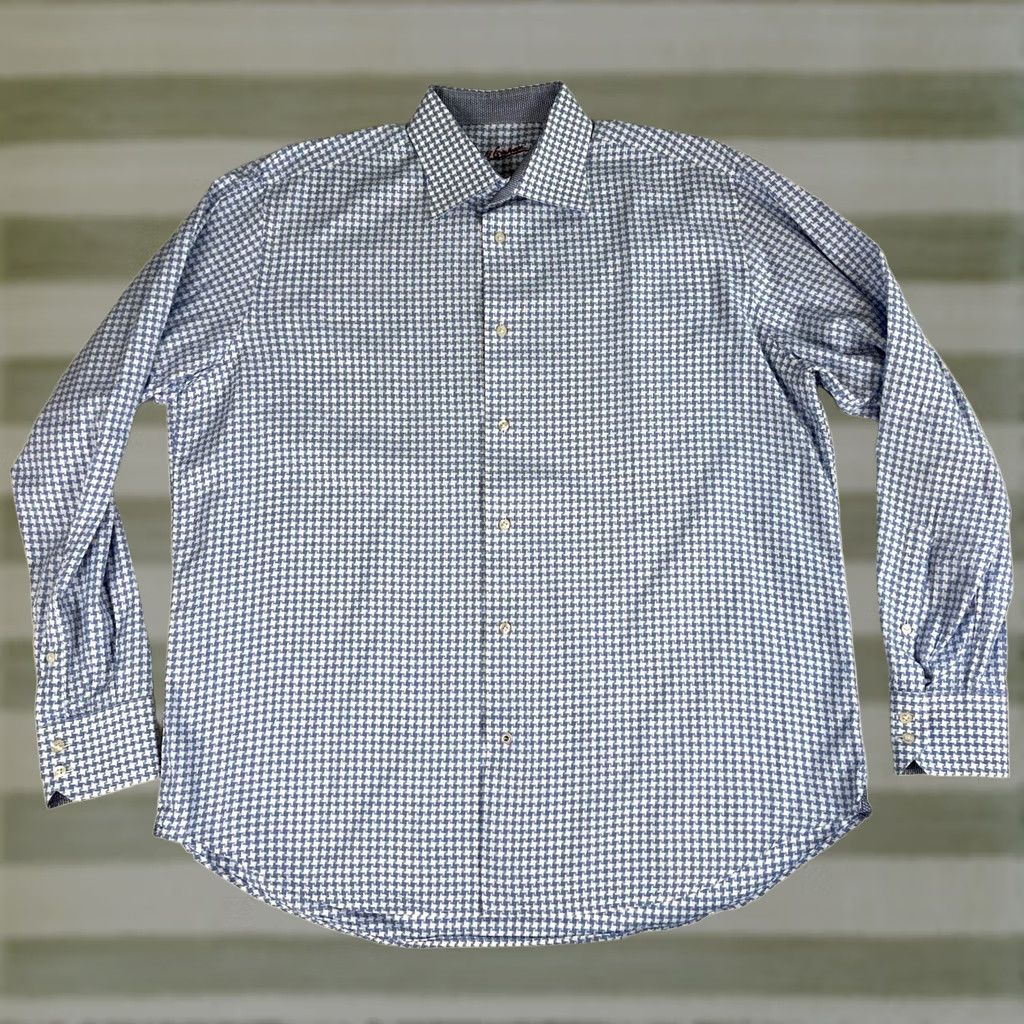 Robert Graham Robert Graham Men’s Button-Up Houndstooth Shirt L/XL White and Blue 100% Cotton Vintage Style Mens Size US L / EU 52-54 / 3 - 1 Thumbnail