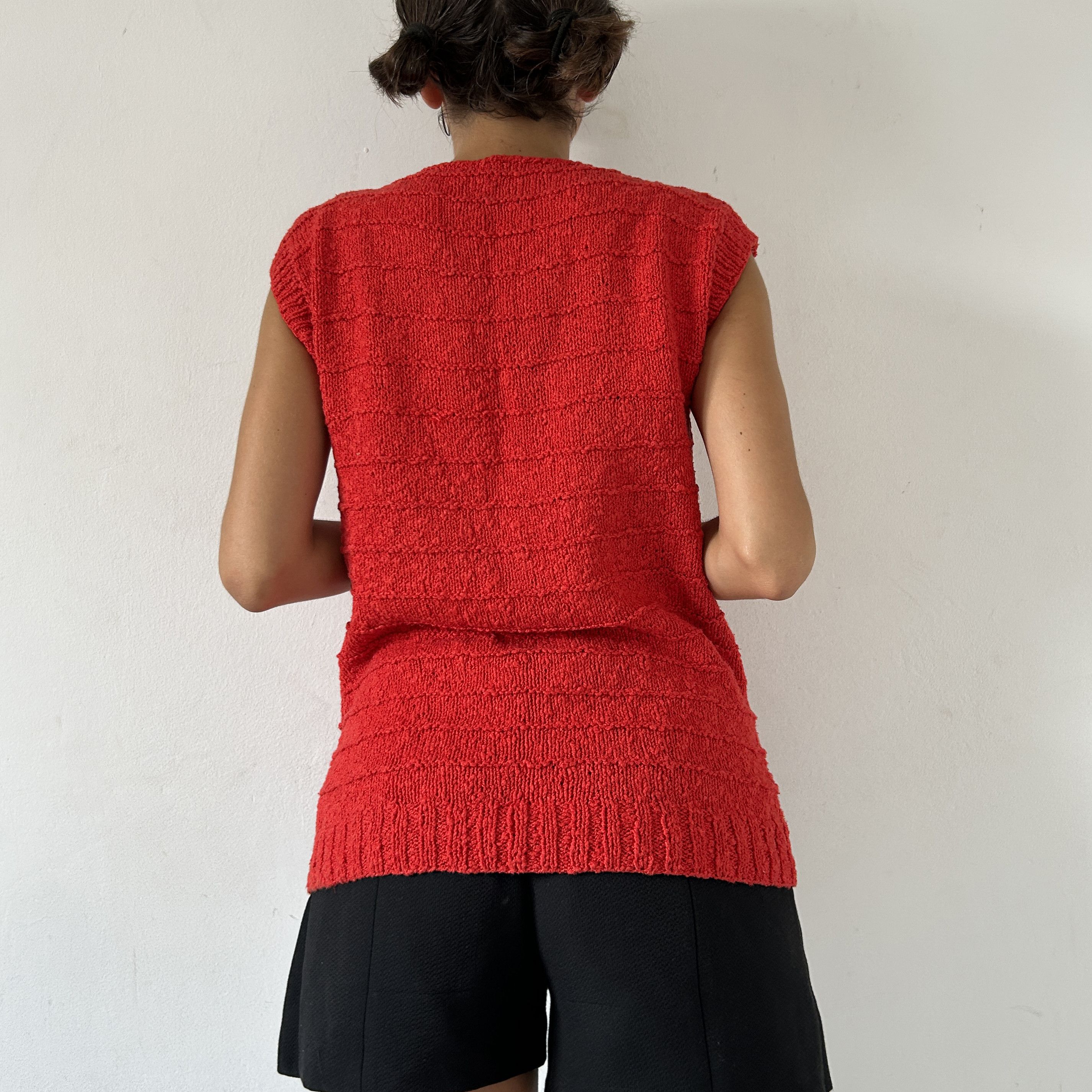 Custommade Reworked Hand-Knit Red Vest: Vintage Button Embellished Top Size ONE SIZE - 4 Thumbnail