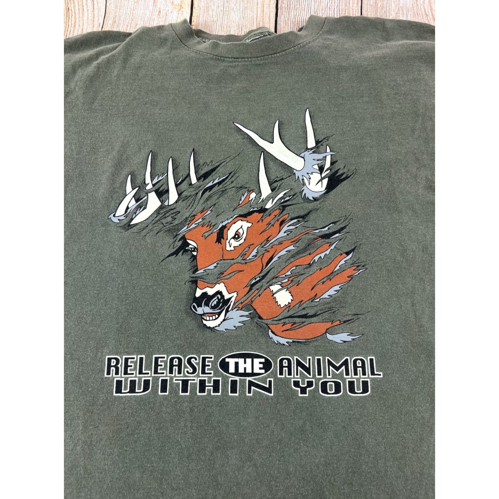 Vintage VINTAGE Deer Buck Release The Animal Within You Green T Shirt XL Men Graphic Print 90s Animals Nature Mens Size US XL / EU 56 / 4 - 5 Thumbnail