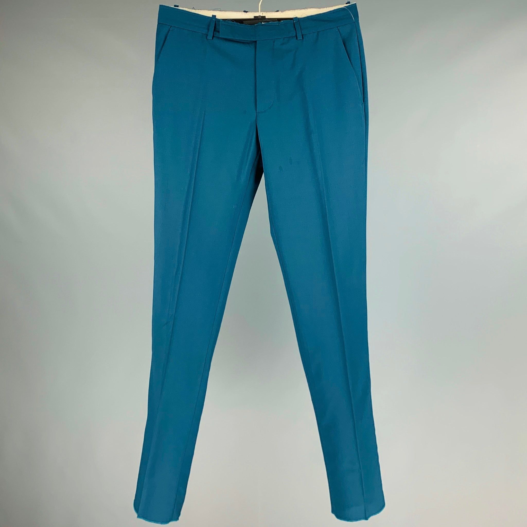 image of Maison Margiela Teal Wool Distressed Dress Pants, Men's (Size 32)
