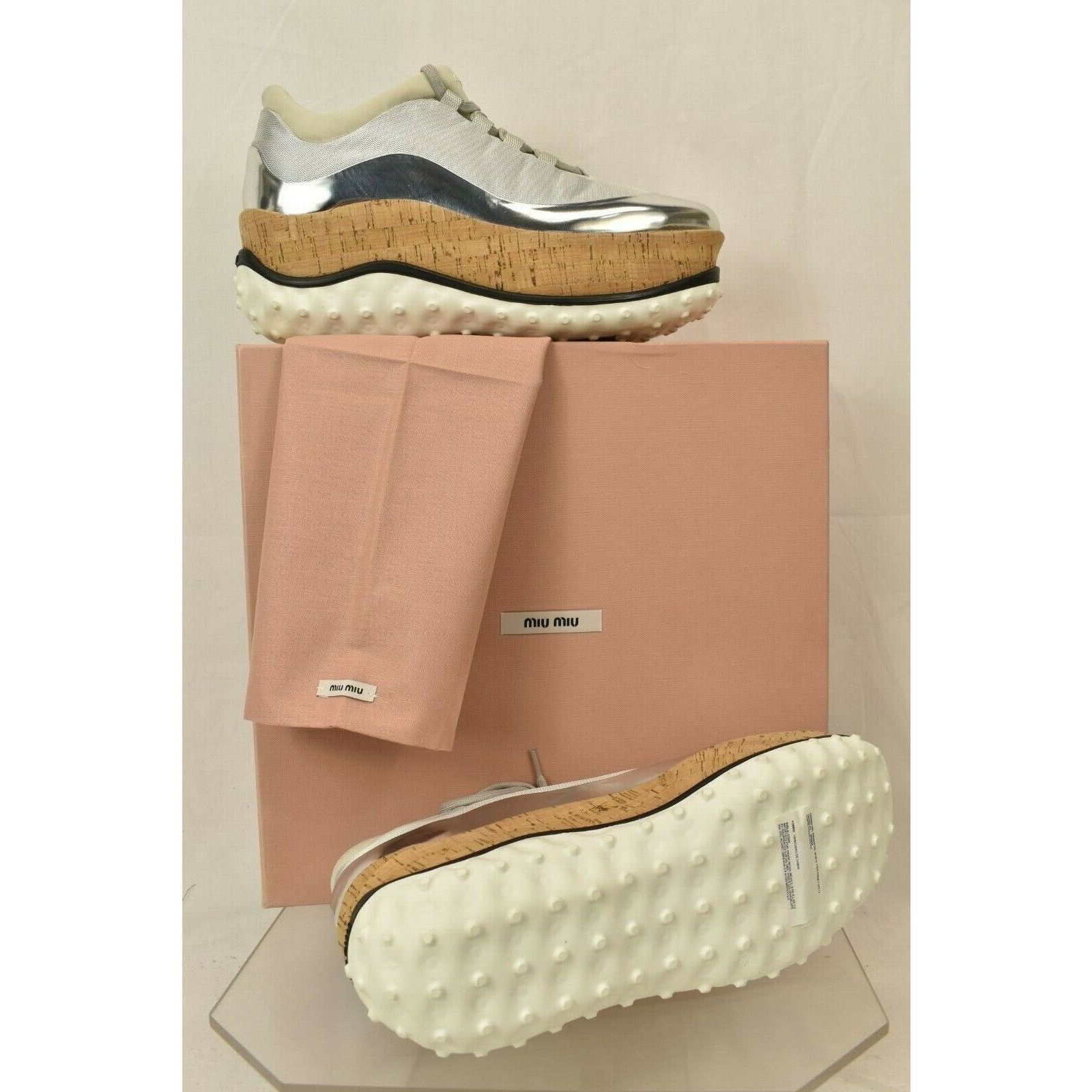 Miu Miu 5E281A SILVER PATENT LEATHER CORK PLATFORM SNEAKERS 40.5 Size US 10.5 / IT 40.5 - 3 Thumbnail