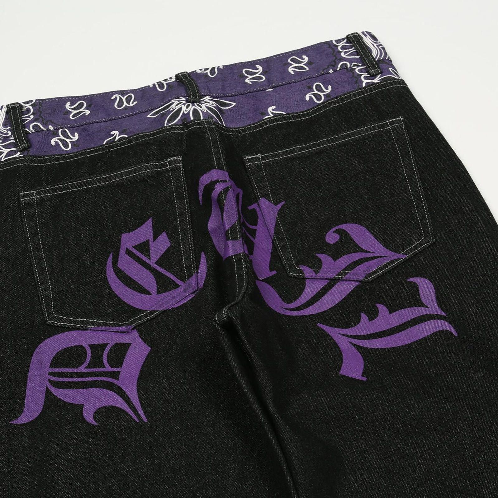 Vintage Black Straight Leg Denim Jeans with Purple Bandana Detail Size US 32 / EU 48 - 6 Thumbnail