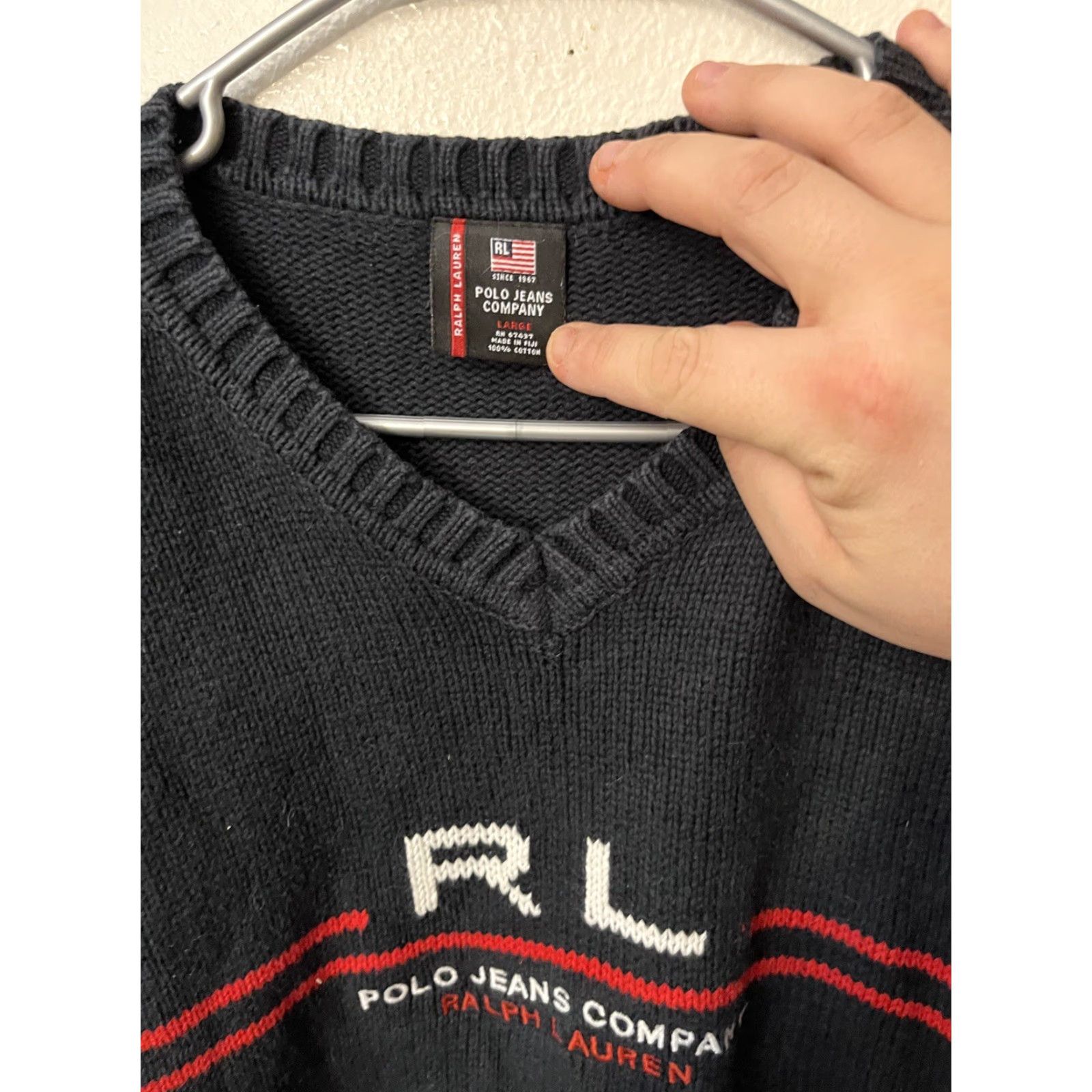 Ralph Lauren VINTAGE Ralph Lauren Polo Jeans Co Sweater Men’s LARGE Black RL Long Sleeve V Neck Shirt Size US L / EU 52-54 / 3 - 2 Thumbnail