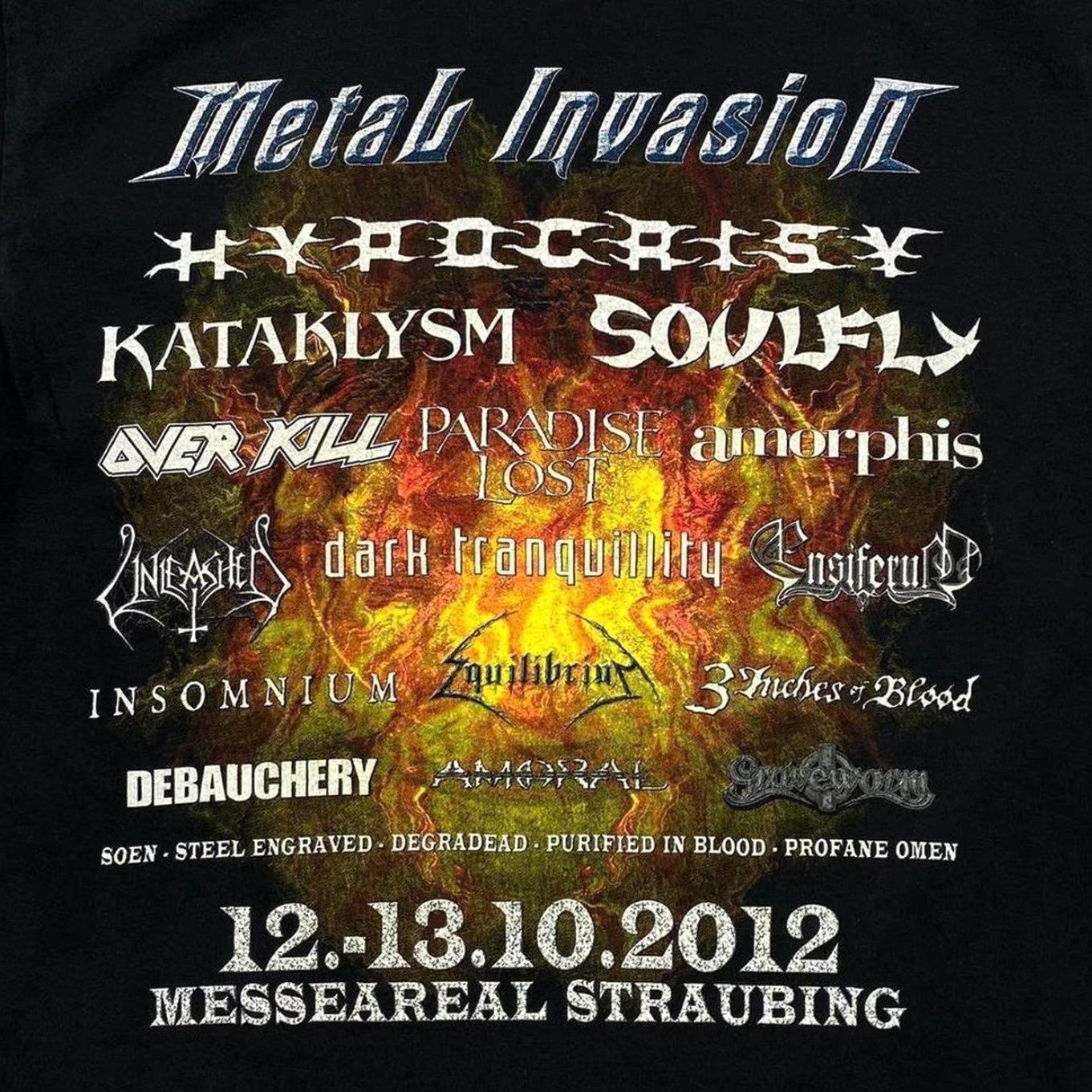 Fruit Of The Loom Metal Invasion 2012 Heavy Metal Band Festival Lineup Black T-Shirt Large Medium Shirt Mens M Cotton Graphic Print Front Back | Fruit of the Loom Size US M / EU 48-50 / 2 - 4 Thumbnail
