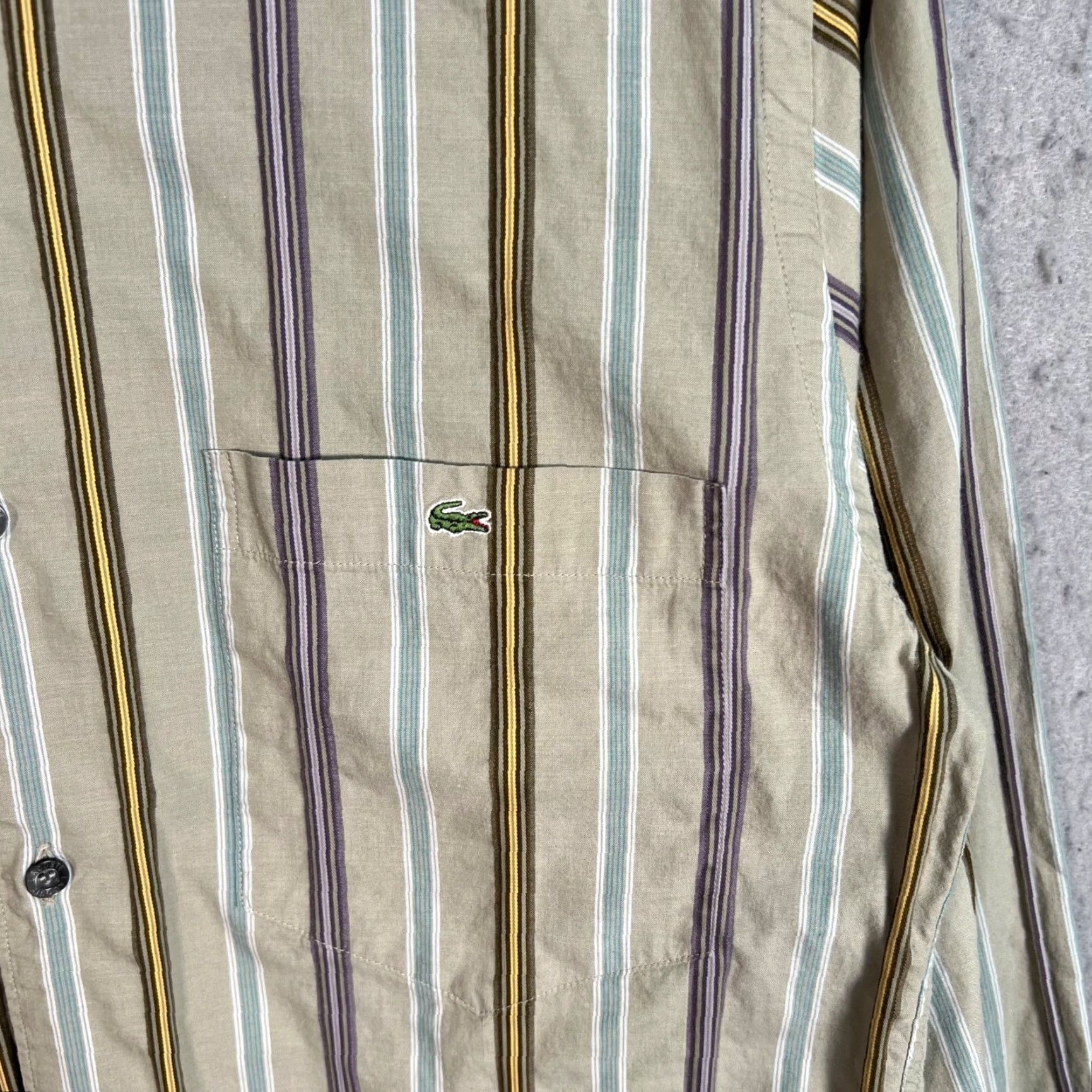 Lacoste Mens 38 Striped Button-Up Shirt Beige Long Sleeve
