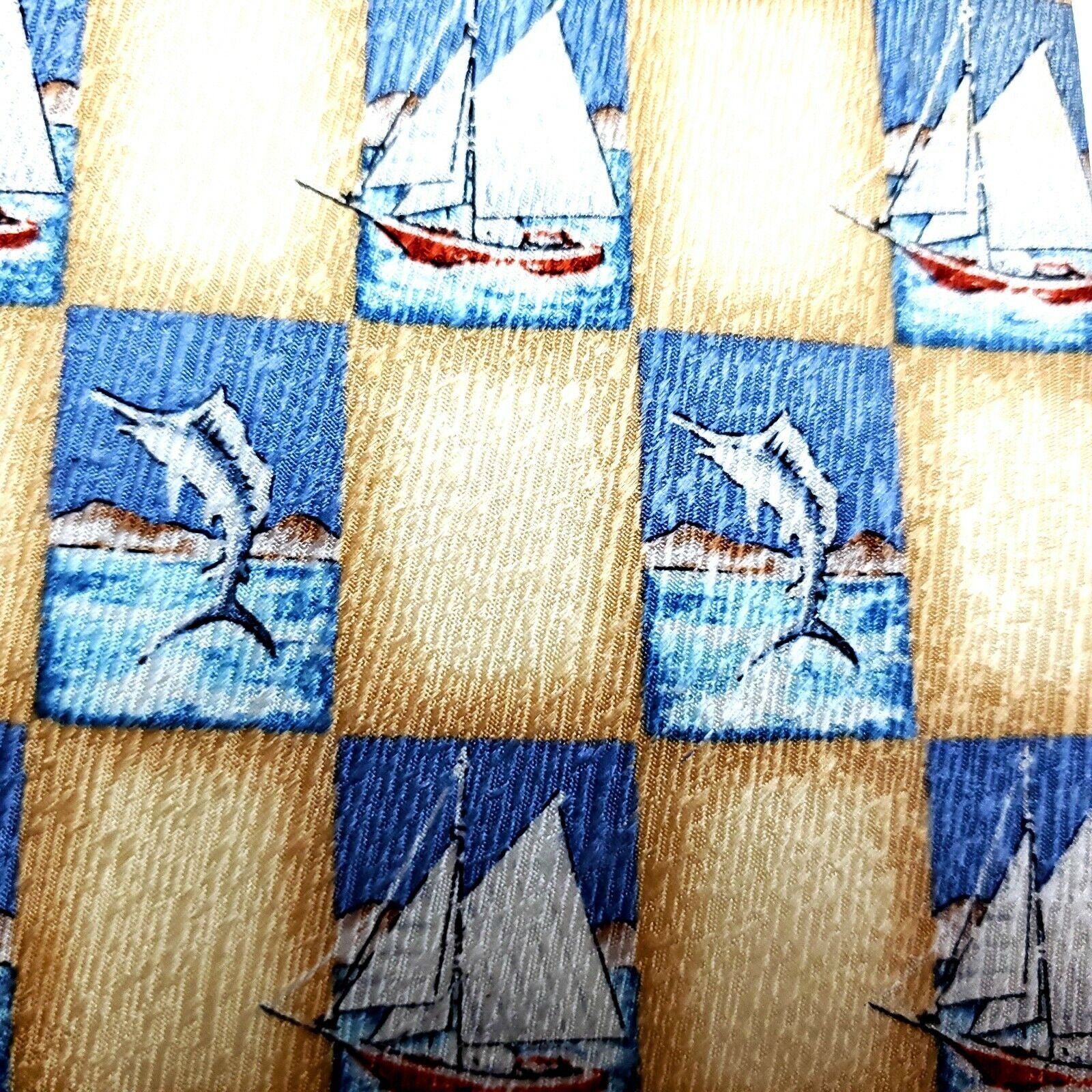 Vintage Tango Silk Tie Print Yellow Blue Wide Sailboat Fish Novelty Size ONE SIZE - 2 Thumbnail