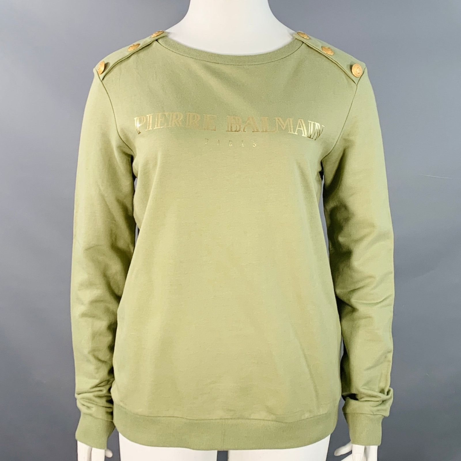 Balmain BALMAIN Green Sage Cotton Jersey Logo Crew Neck Pullover Size M / US 6-8 / IT 42-44 - 1 Thumbnail