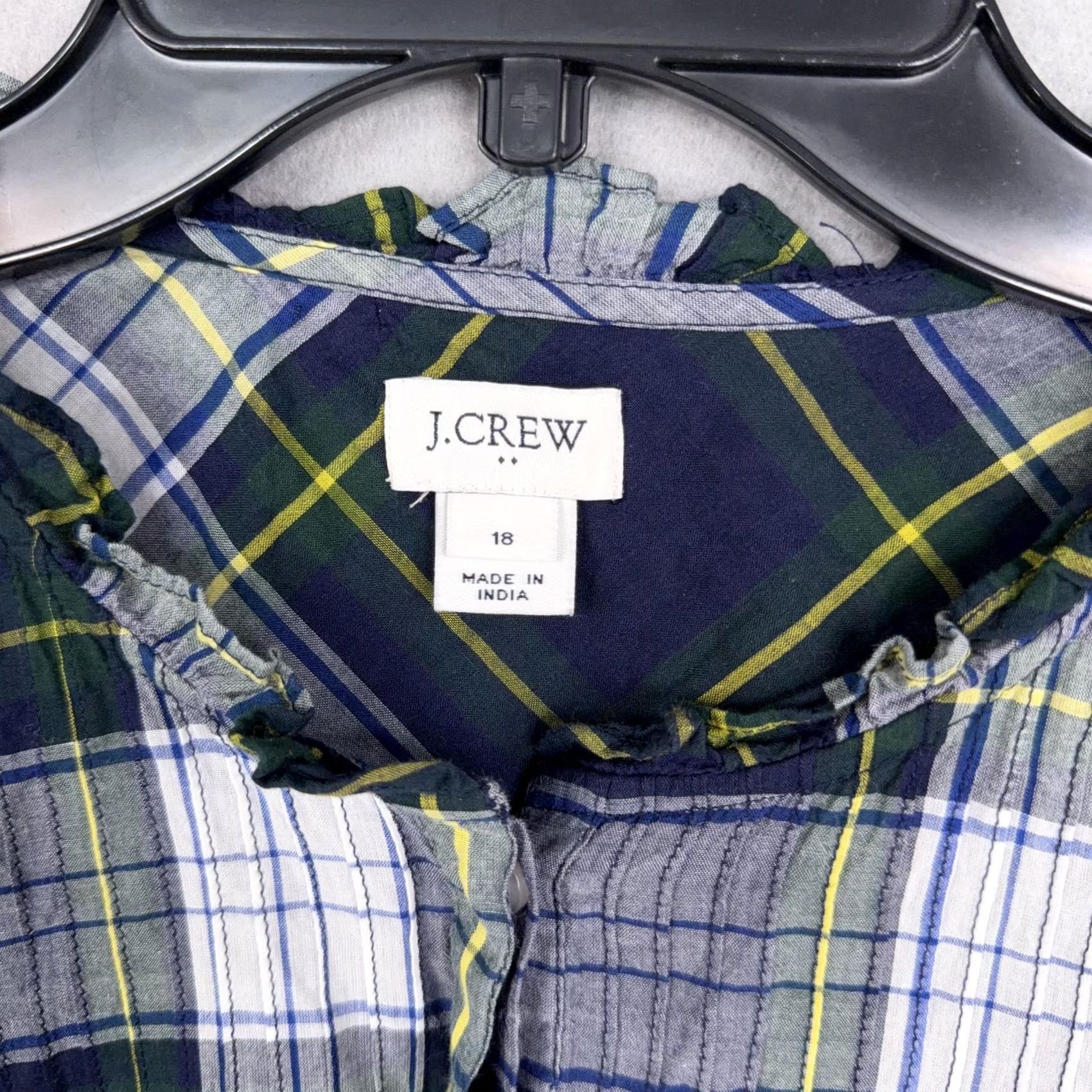 J.Crew J.Crew Shirt Womens 18 Blue Plaid Ruffle Neck Henley Long Sleeve Cotton Picnic Size XXL / US 16-18 / IT 52-54 - 5 Thumbnail