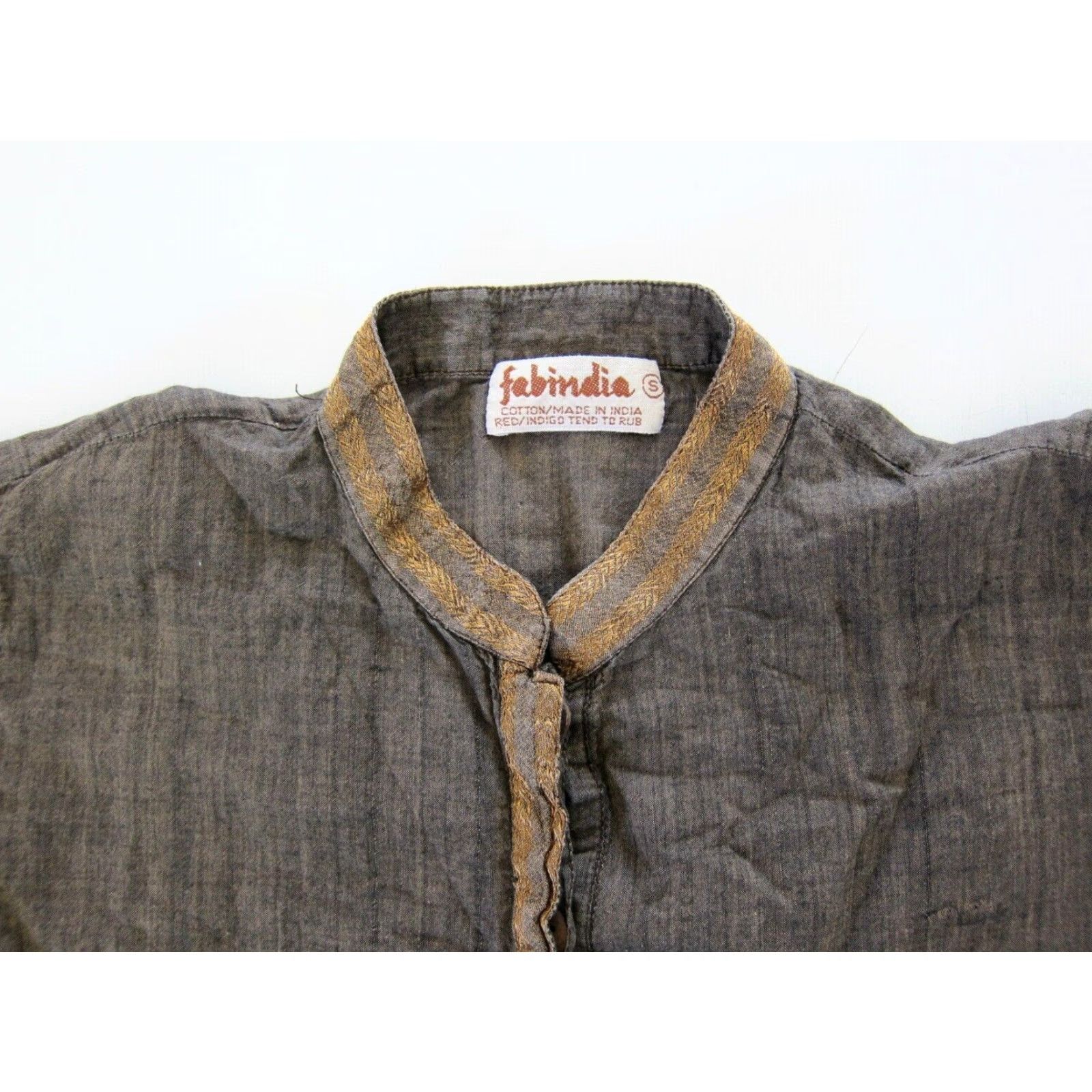 Vintage Fabindia 100% Cotton Brown Gold Short Sleeve High Neck Tunic Blouse Women Small Size S / US 4 / IT 40 - 3 Thumbnail