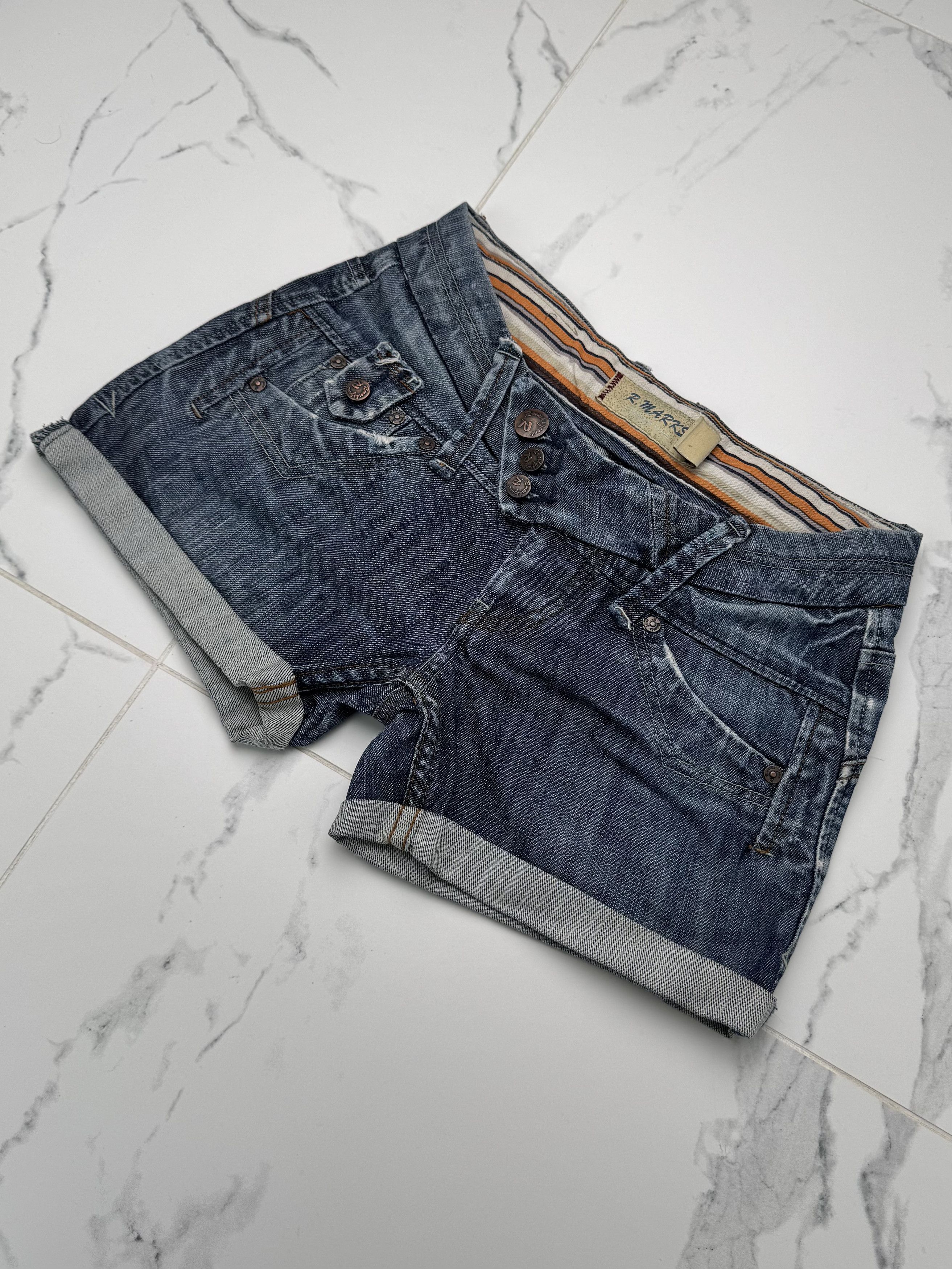 Vintage Women Blue Denim Shorts Y2K Vintage Low Waist Rolled Hem Size 25" / US 0 / IT 36 - 1 Thumbnail