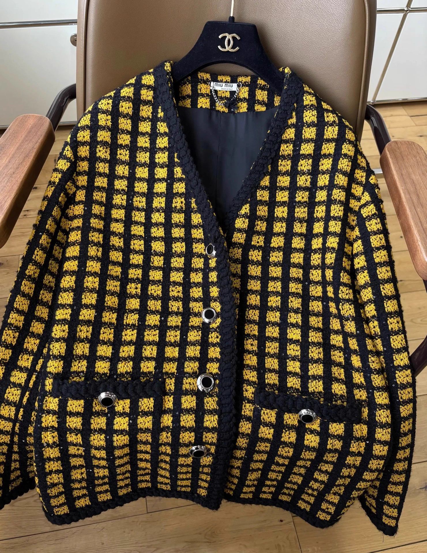 Miu Miu MIU MIU sequin yellow black check oversized knit IT38 Size XS / US 0-2 / IT 36-38 - 4 Thumbnail